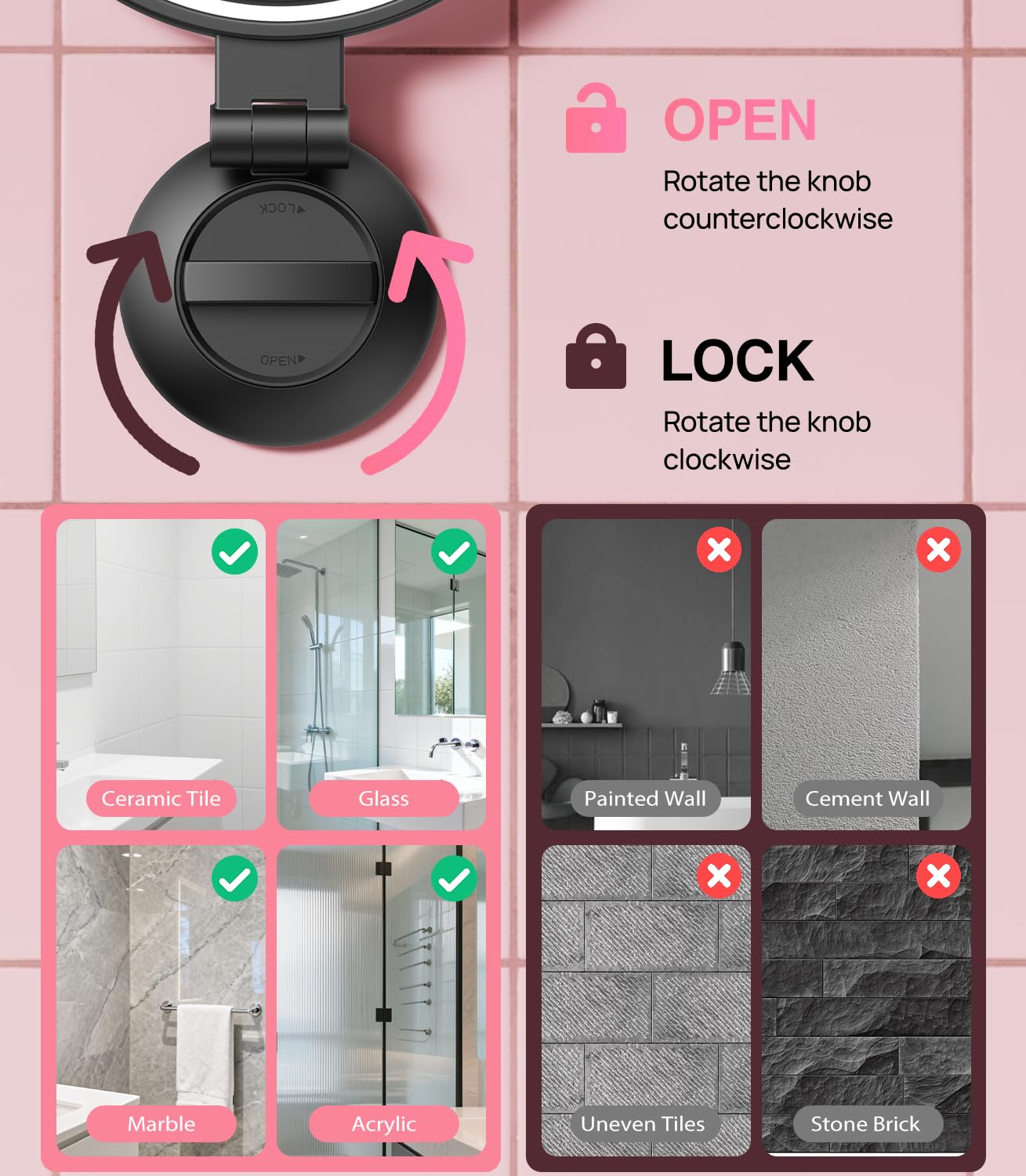 Benbilry Espejo de aumento con ventosa con luz 10X, espejo de maquillaje montado en la pared con ventosa para baño, 3 luces de color y brillo ajustable, mesa 2 en 1 para escritorio, color negro