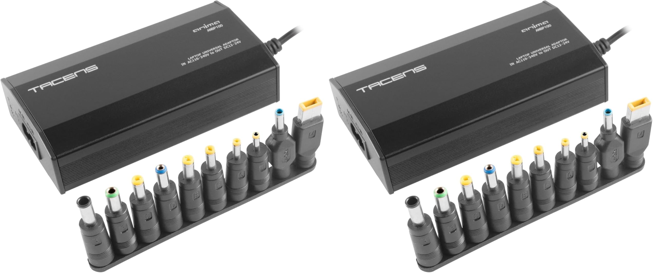 TACENS ANIMA ANBP100, Cargador Universal Compacto para Portátiles, 10 Adaptadores, 8 Voltajes, Conector USB, 100W de Potencia, Negro (Paquete de 2)