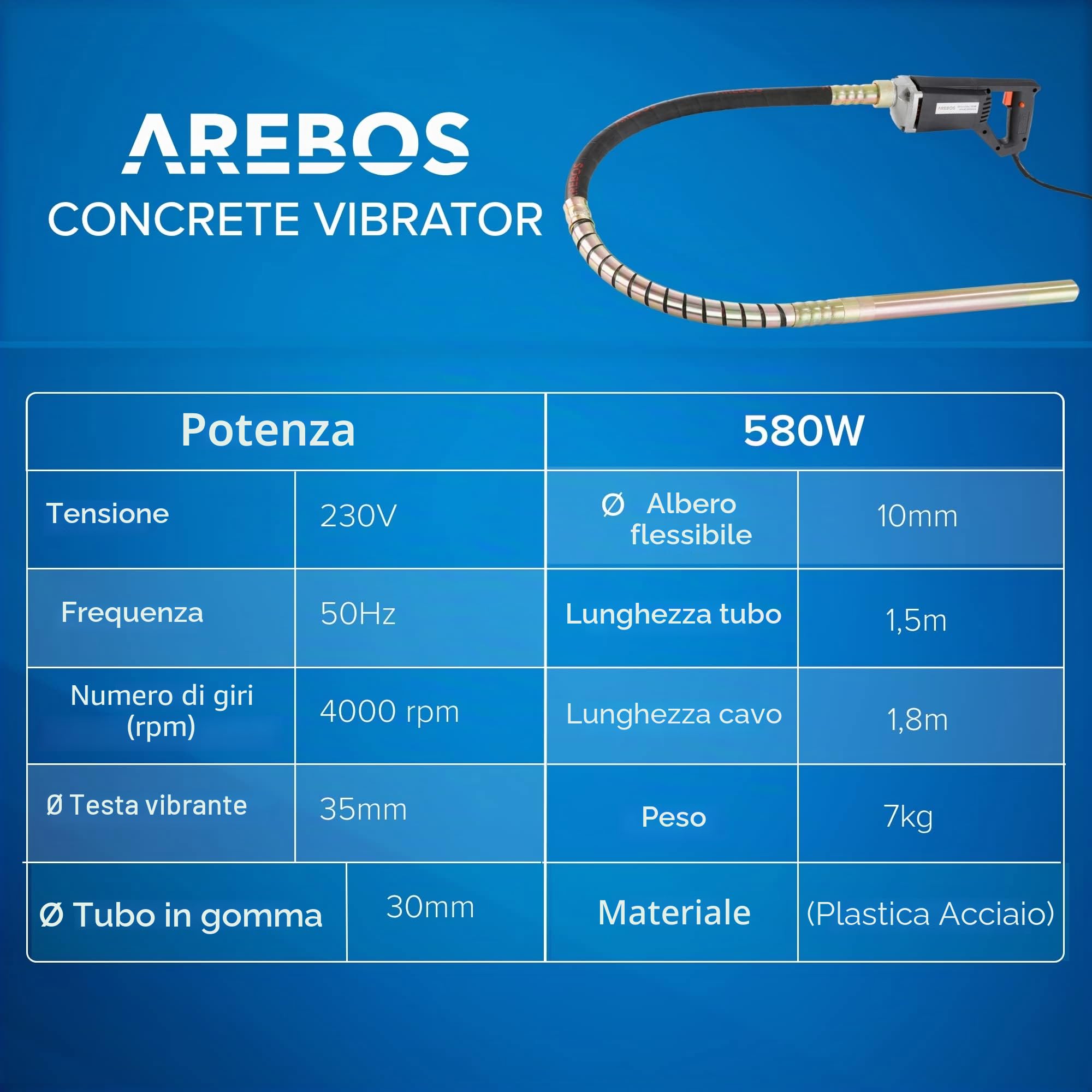 Arebos - Bruciatore per cemento Vibratore elettrico per calcestruzzo | 580 W | 4000 giri-min | 1,5 m | elettrico | flessibile
