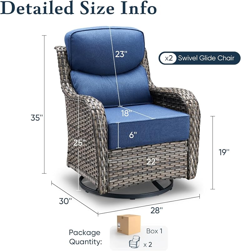 Belord Luxury 6" Thick Cushioned Outdoor Swivel Rocker Patio Chairs of 2, High Back Wicker Patio Furniture Set with Ergonomic Zone Back, Conversation Glider Set for Deck Porch - Grey+Blue image 2