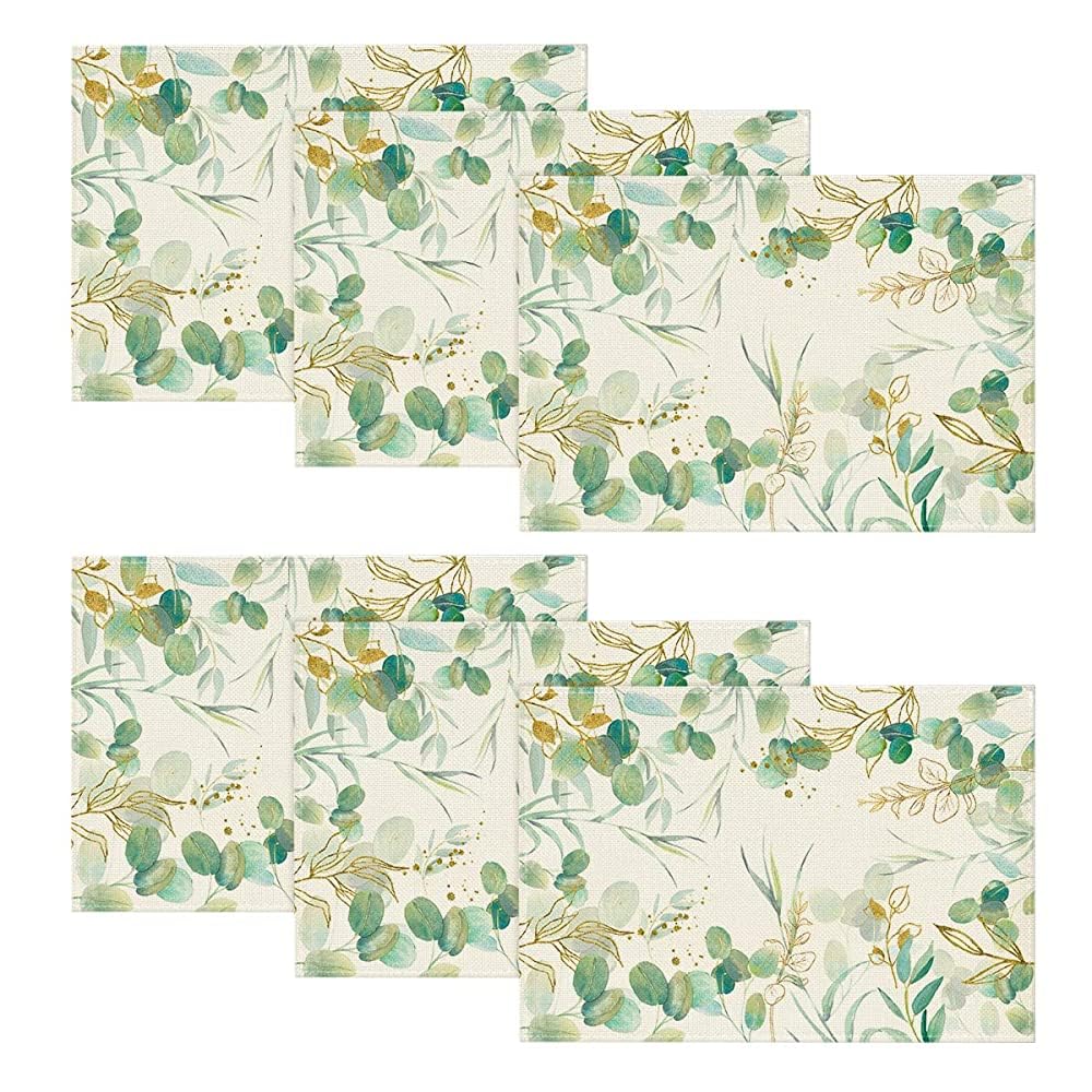 Photo 1 of Artoid Mode Eucalyptus Summer Placemats Set of 6, 12 x 18 Inch Spring Seasonal Wedding Party Decoration for Table Decor 12" x 18", Rectangle 6 Pcs Beige