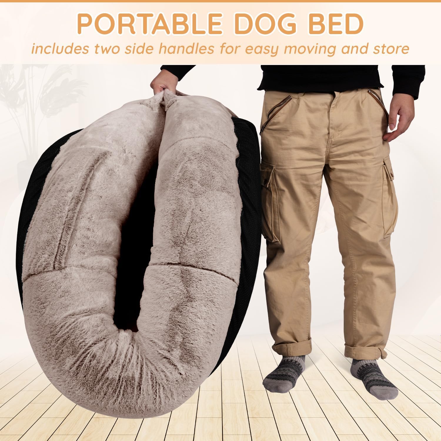 Human Dog Bed,71"x45"x14" Human Sized for Adult People Fits Pets, Washable Faux Fur Orthopedic Dog Bean Bed with Storage Pocket, Camel