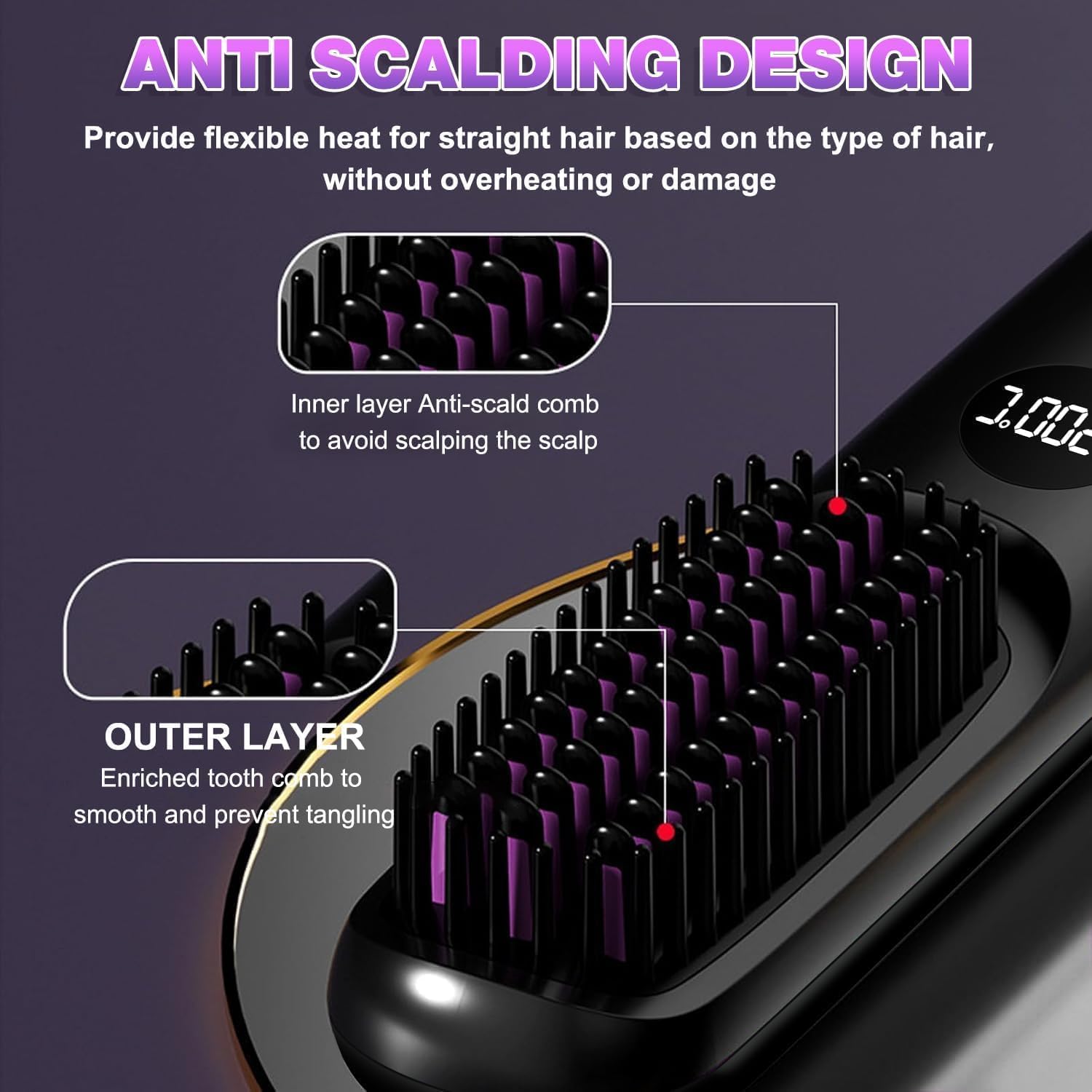 Brosse Lissante Sans Fil, Brosse Chauffante Lissante Portable 200 Millions D'ions Négatifs Anti-BrûLure avec 3 Températures Réglables, Mini Lisseur Rechargeable pour Maison, Voyage
