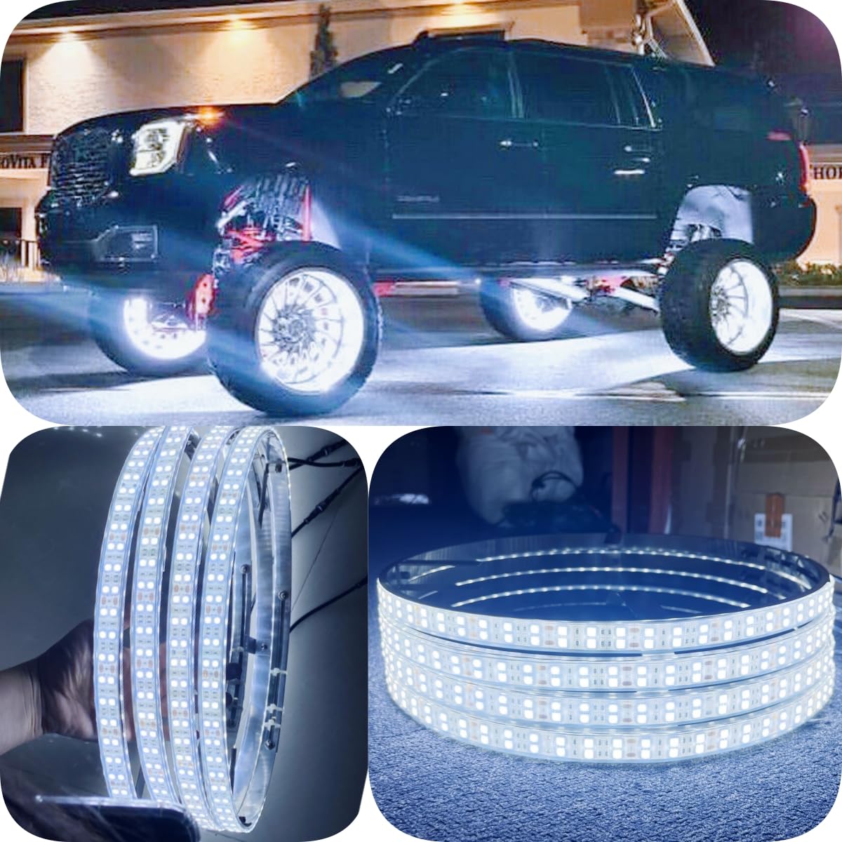 17.5'' Brightest Solid White Double Row Wheel Rim Lights Well Strobe Switch Control for Car Truck IP68 Waterproof Kit-4PCS VEHICAL Offroad