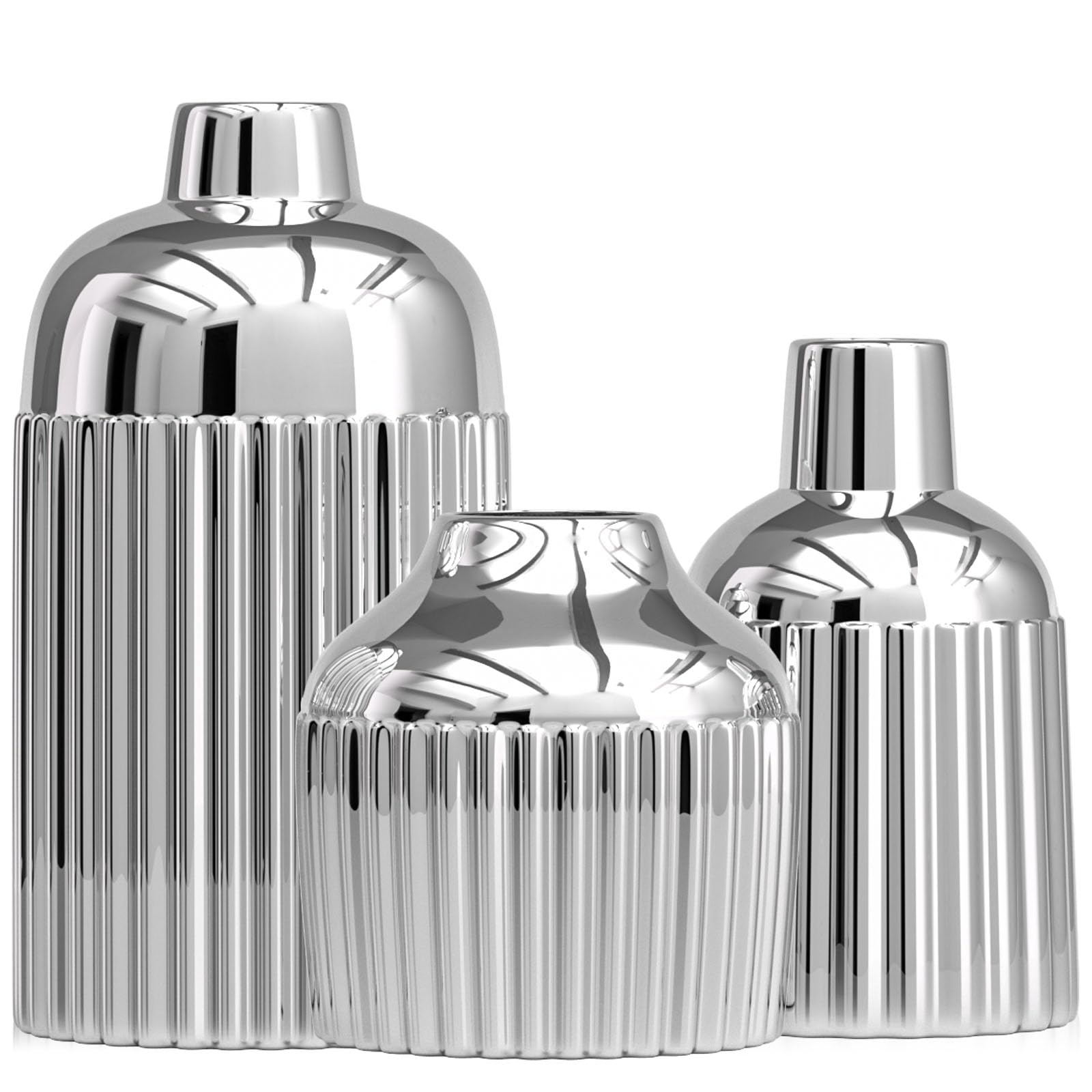 3 vasi in ceramica color argento per la decorazione della casa, vasi decorativi moderni per fiori, erba delle pampas ed eucalipto, set estetico a costine per caminetto, mensola, regali per interior