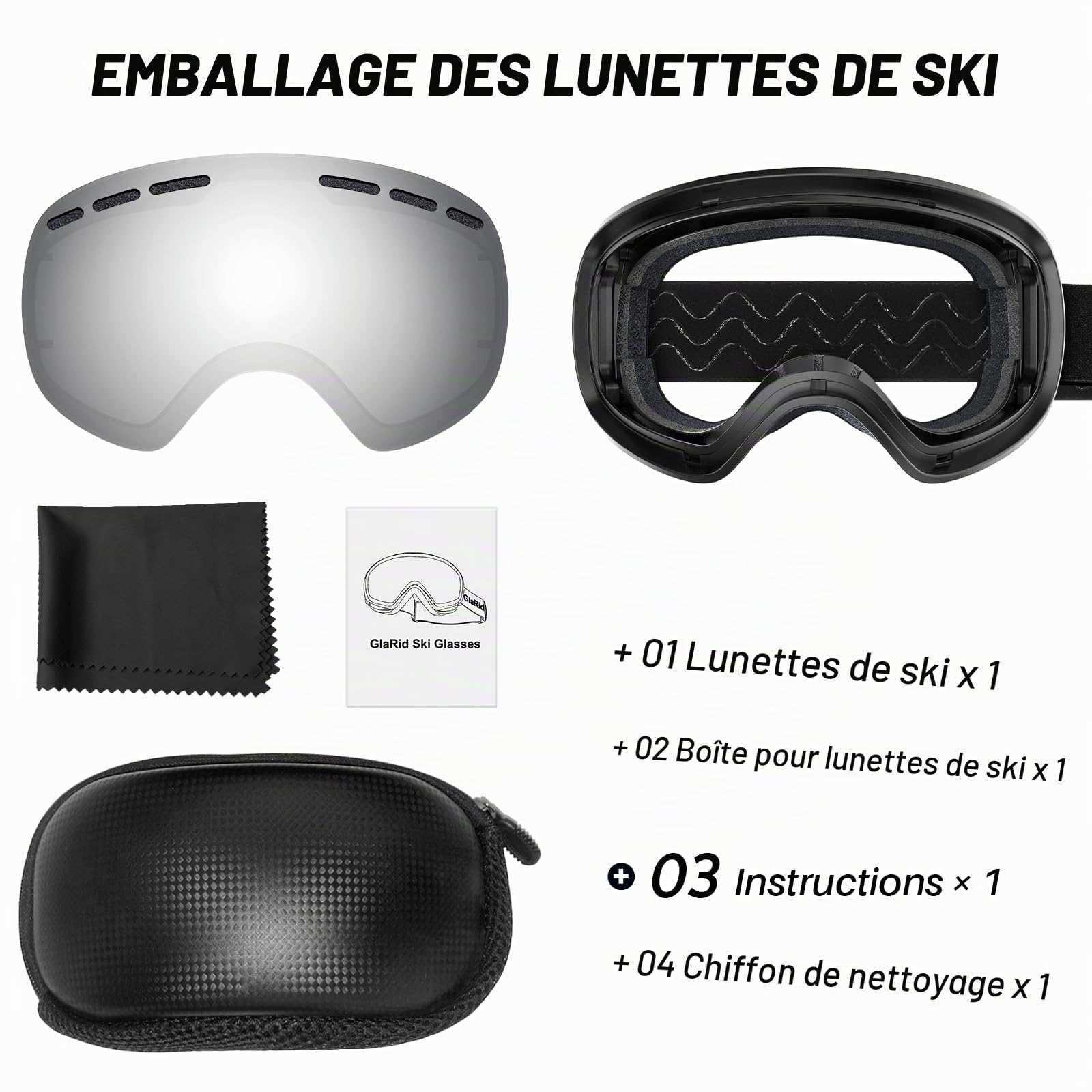 Masque de ski OTG sans monture anti-buée protection UV400 pour hommes et femmes