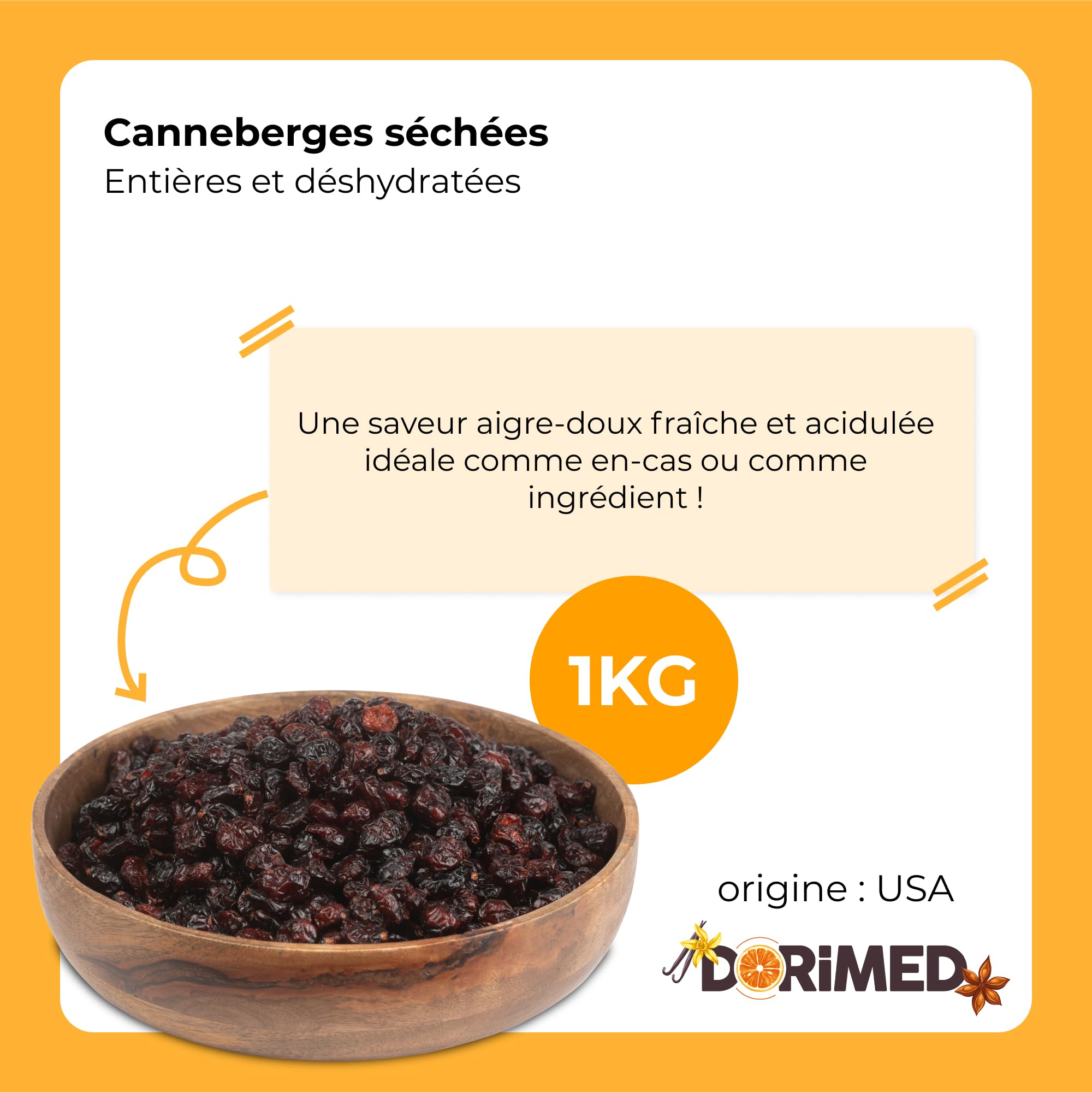 Baies de Cranberries 1 Kg,Canneberges séchées, entières, déshydratées, Une saveur aigre-douce, idéale pour les recettes, sac refermable, 1 Kg
