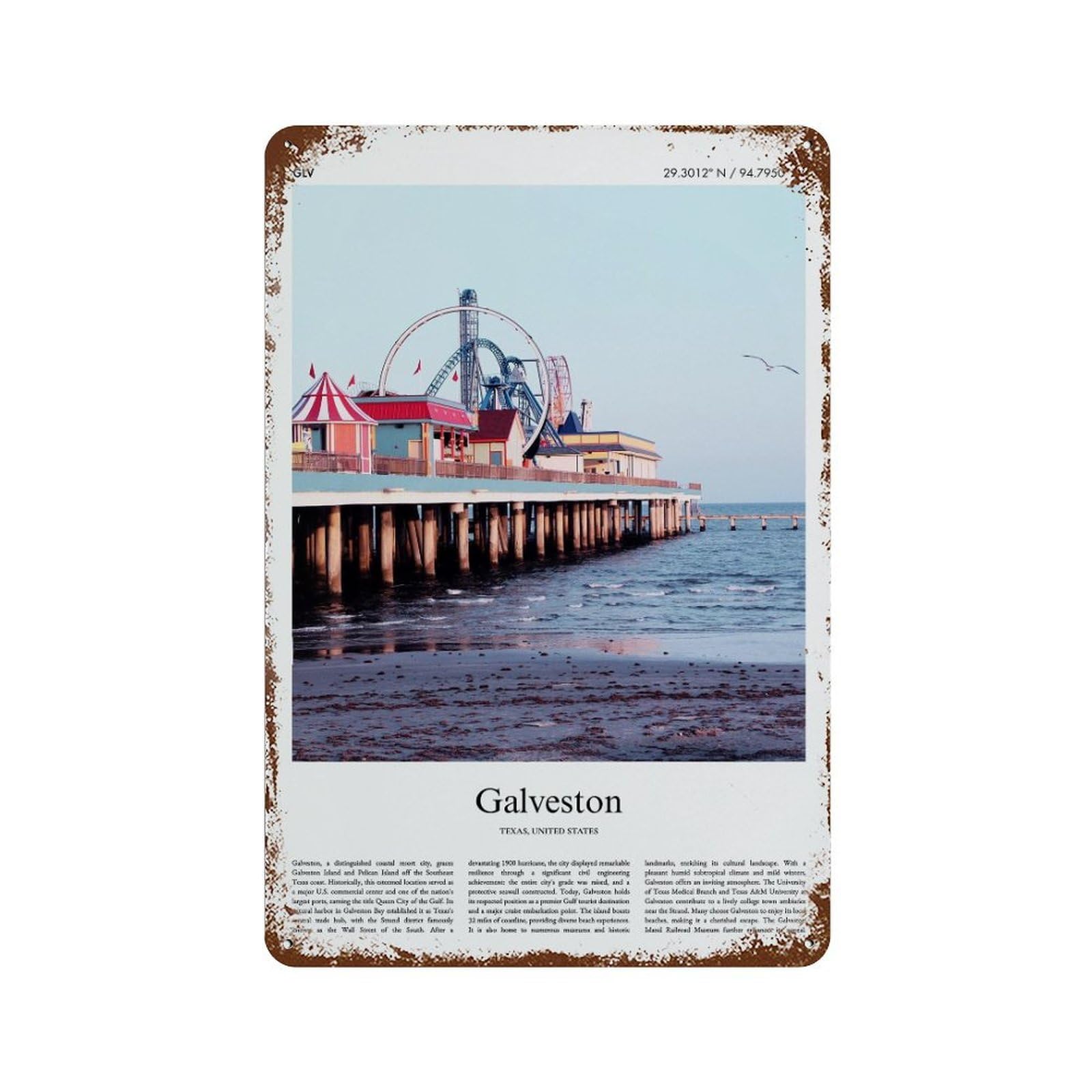 xiaoxiaoshen Galveston Texas, United States, USA City Scenery Wall Decor Art Metal Tin Poster Modern Home Decor Art Home Bar Shop Decorations Vintage Sign 30x20cm