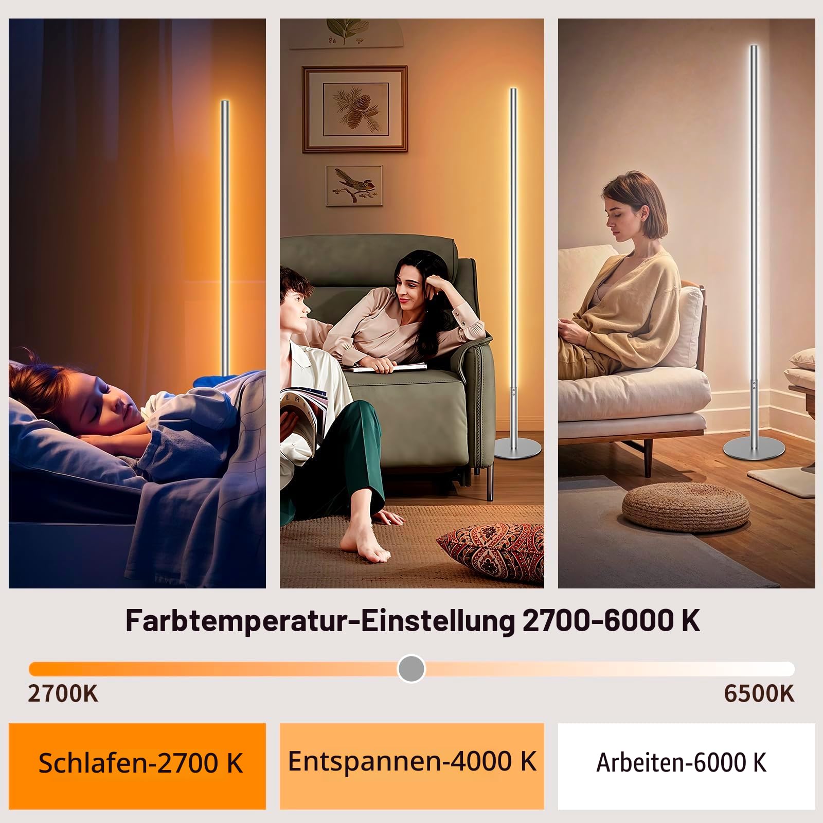 Ecklampe Silber fürs Wohnzimmer, dimmbar, mit Fernbedienung, 2700–6500 K