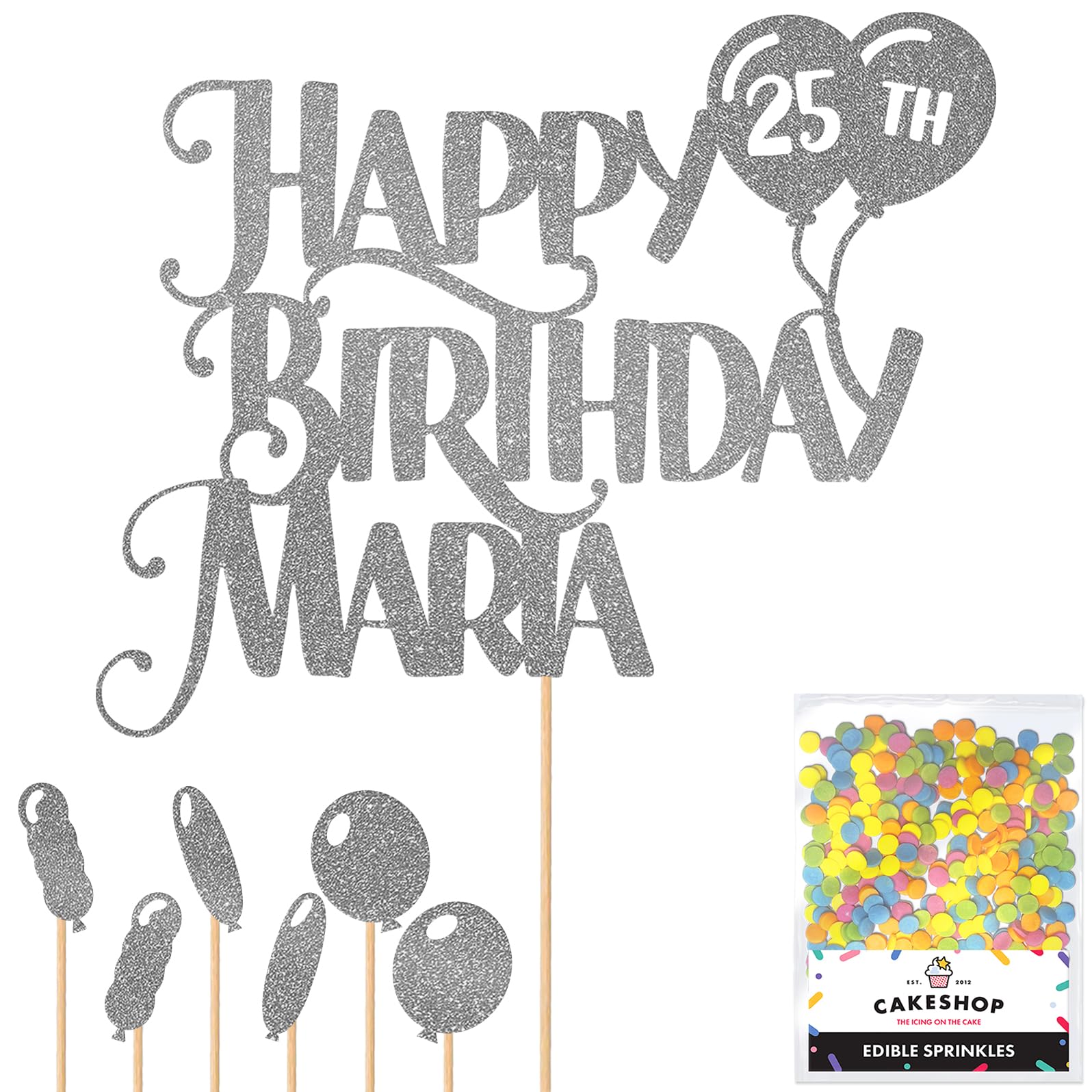 Personalised Happy Birthday Glitter Cake Topper inc Balloons - Dk Silver Any Name & Age Glitter Cake Decoration and Sprinkles - Happy Birthday Decorations - Personalised Toppers for Cakes by Cakeshop