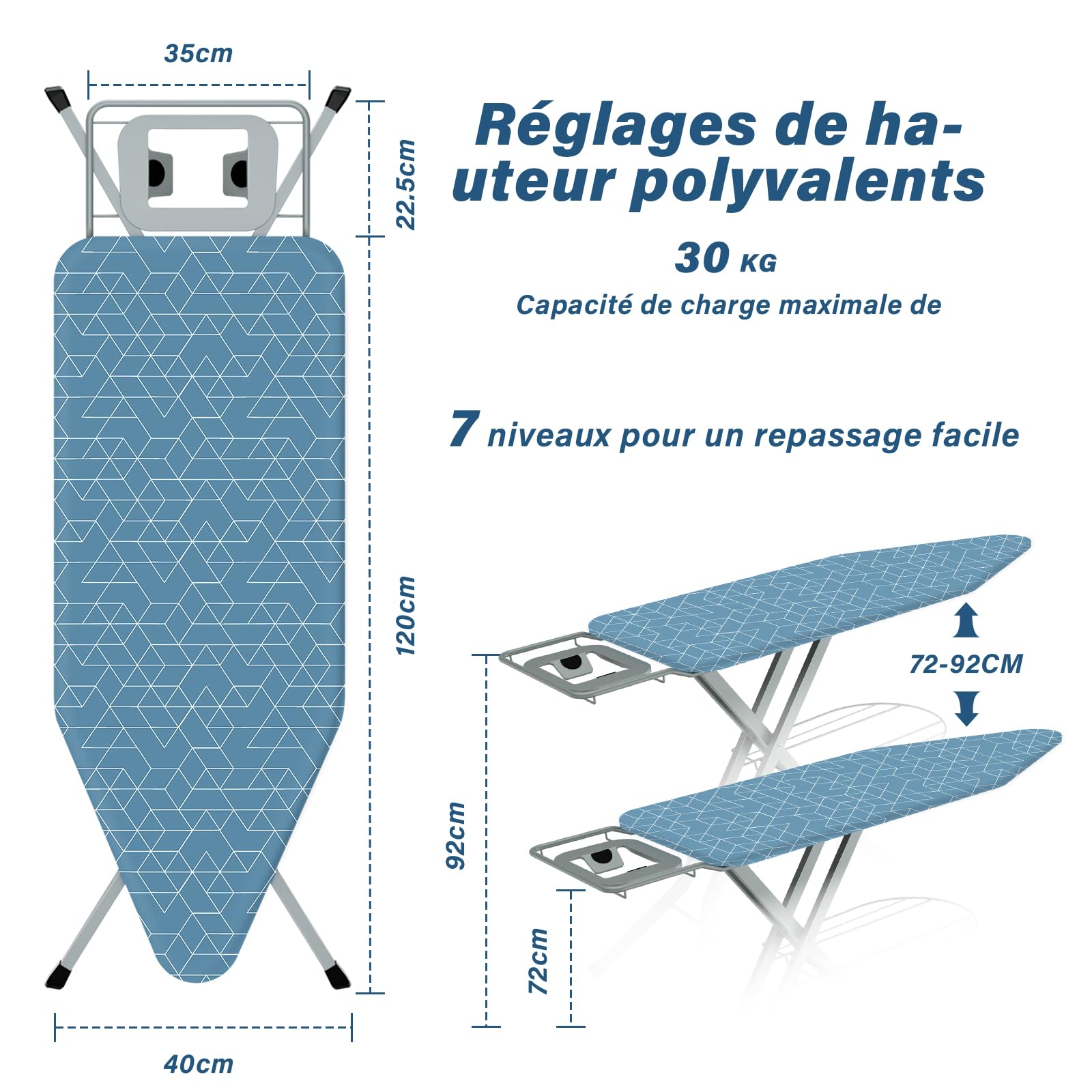 STANEW Bügelbrett 120 x 45 cm,Klappbares Bügelbretter Bügeltisch für Dampfbügeleisen,mit 2 Bezügen aus Baumwolle,Sicherheitsschließsystem,höhenverstellbar,mit ausziehbarer Ablage für Kleidung | Mit 2 Bezügen aus 100 % Baumwolle, für Dampfbügelstation, Ant