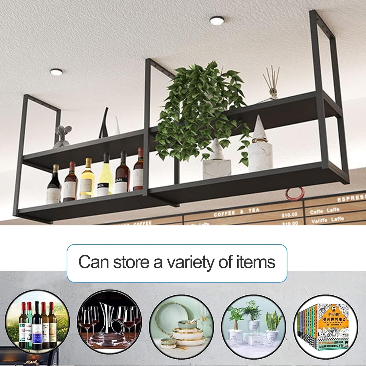 Flower Pot Rack Storage Shelf Rack, Black Metals Ceiling Hanging Flower Stand, Ceiling Floating Shelves, for Bar Flower Shop Balcony Creative Plant Railing Shelving Wine Bottle HOL