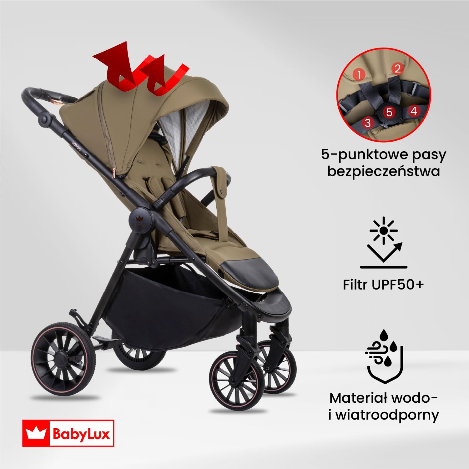 Lekki Wózek Spacerowy BabyLux ROMBO, Składany z Amortyzacją, Kolor: Olive