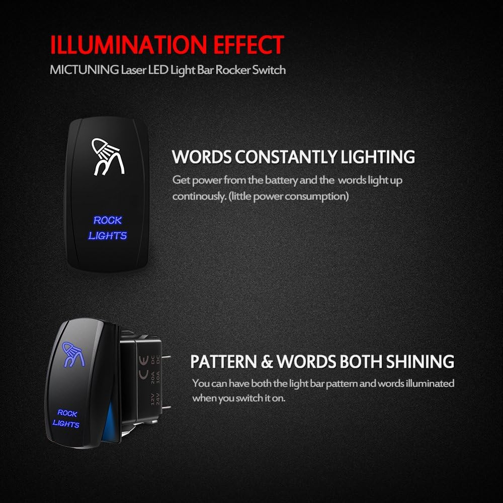 MICTUNING Blue ROCK LIGHTS Rocker Switch Kit- On/Off Blue LED Light 20A 12V (LS083501JL)