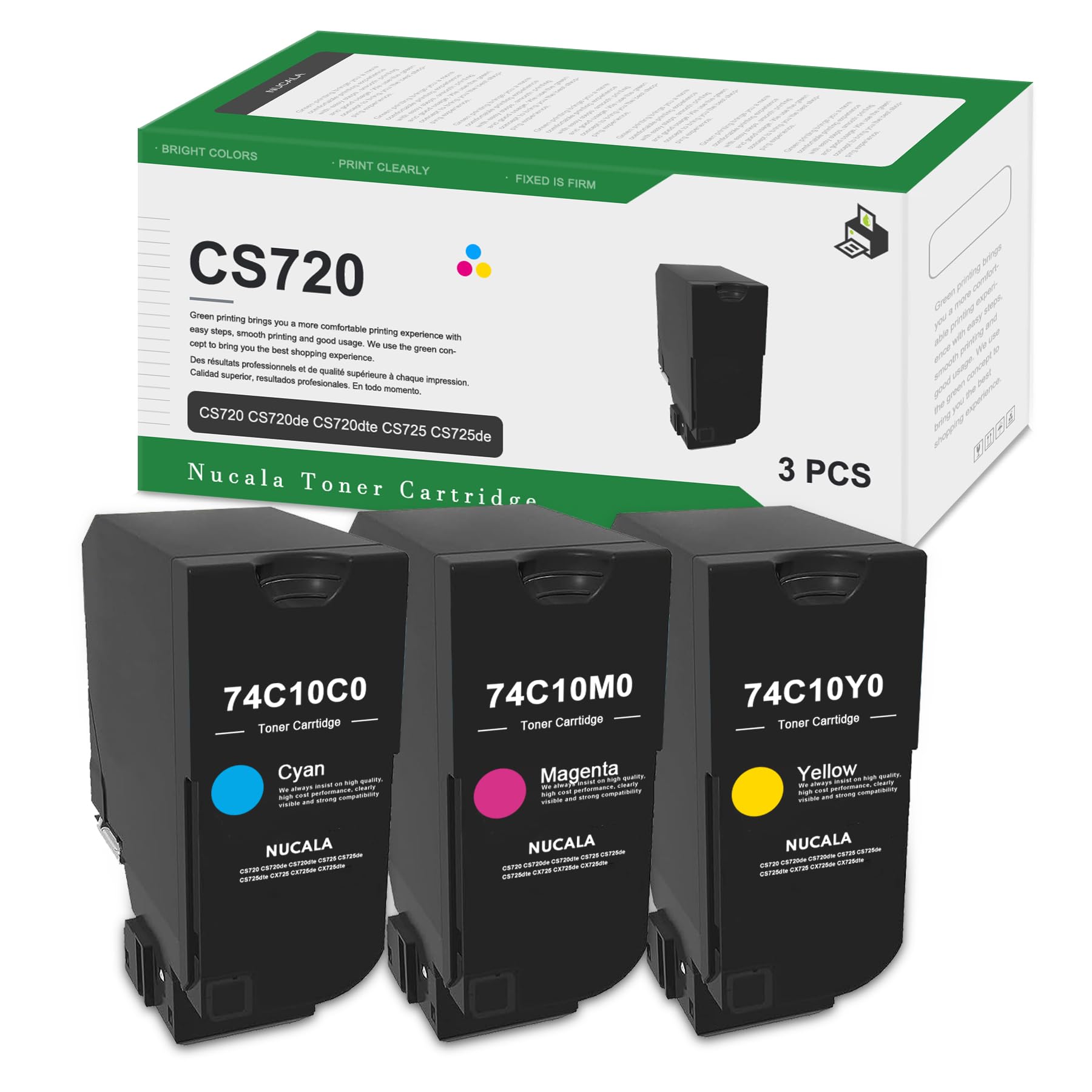 74C10C0 74C10M0 74C10Y0 Toner Cartridge (3-Pack, 1 Cyan/1 Magenta/1 Yellow) - Nuc Compatible CS720 High Yield Toner Cartridge Replacement for Lexmark