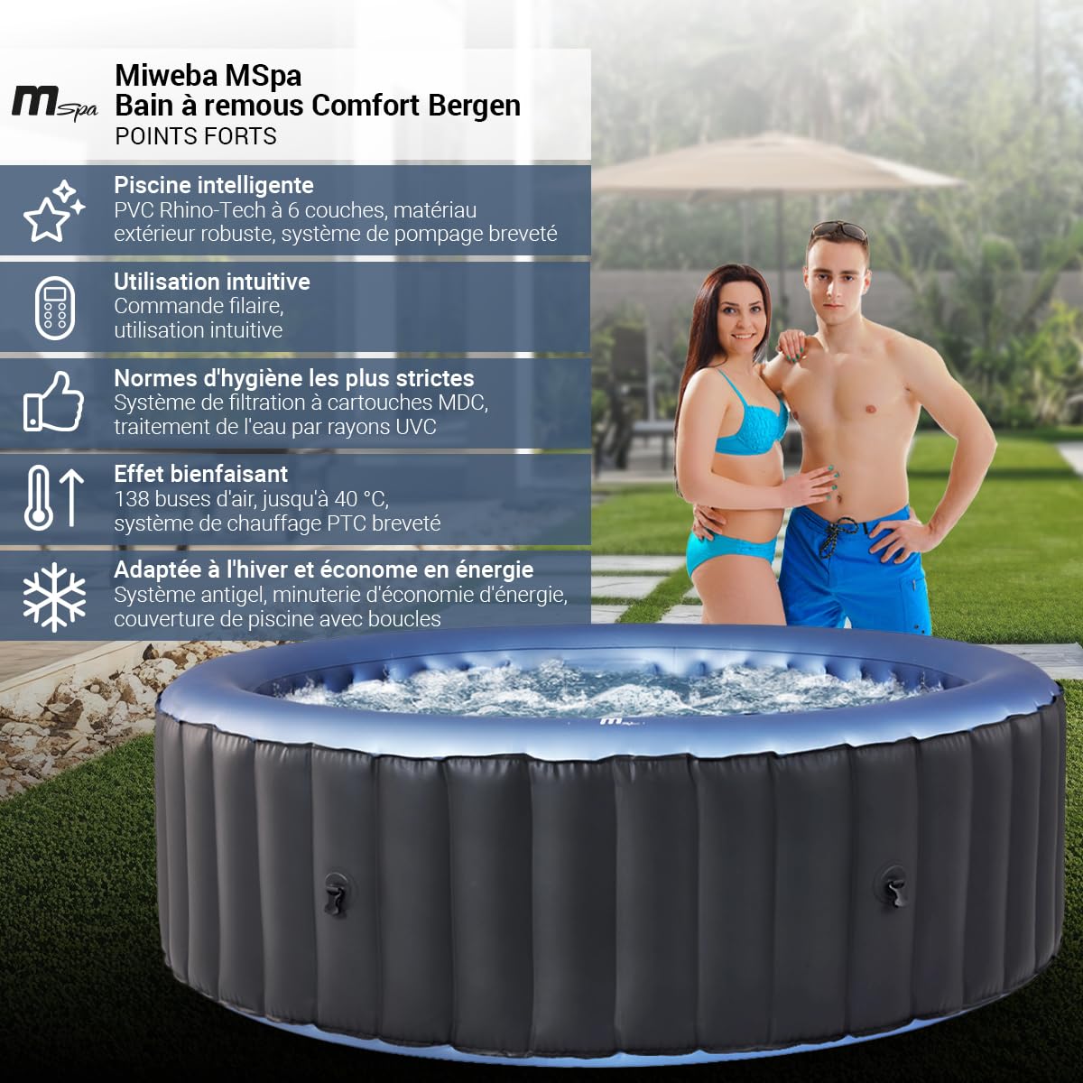 Miweba MSpa Spa Gonflable Extérieur Bergen C-BE061 | Rond ⌀ 204,0 cm - Spa Gonflable 6 Personnes - Nettoyage UV-C - Jusqu'à 1429 L - 40°C - Télécommande - 138 Jets (6 Personnes)