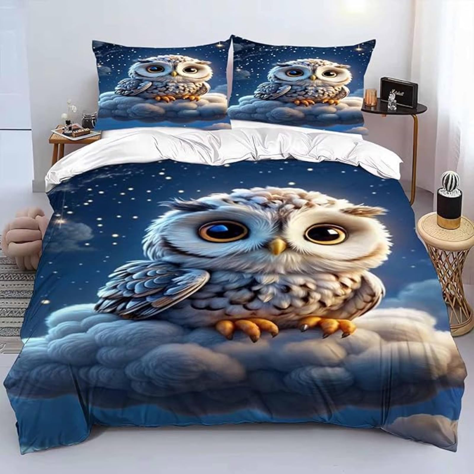 Fgolphd 3D Realistic Owl Duvet Cover Set, Cute Owl on Clouds & Stars Print Bedding, Soft Microfiber Bed Linen with Pillowcases for Kids, Boys & Girls Single