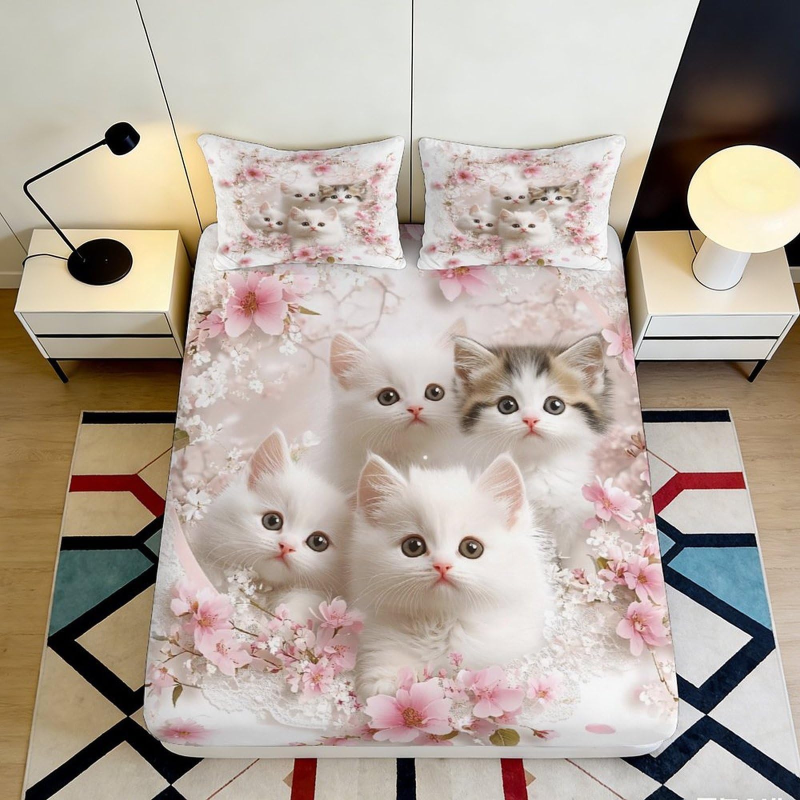 3D Printed White Kittens Cherry Blossom Fitted Sheet Microfiber Soft Breathable Cat Flower Mattress Cover for Bedroom Dorm Decor 140x200x25cm