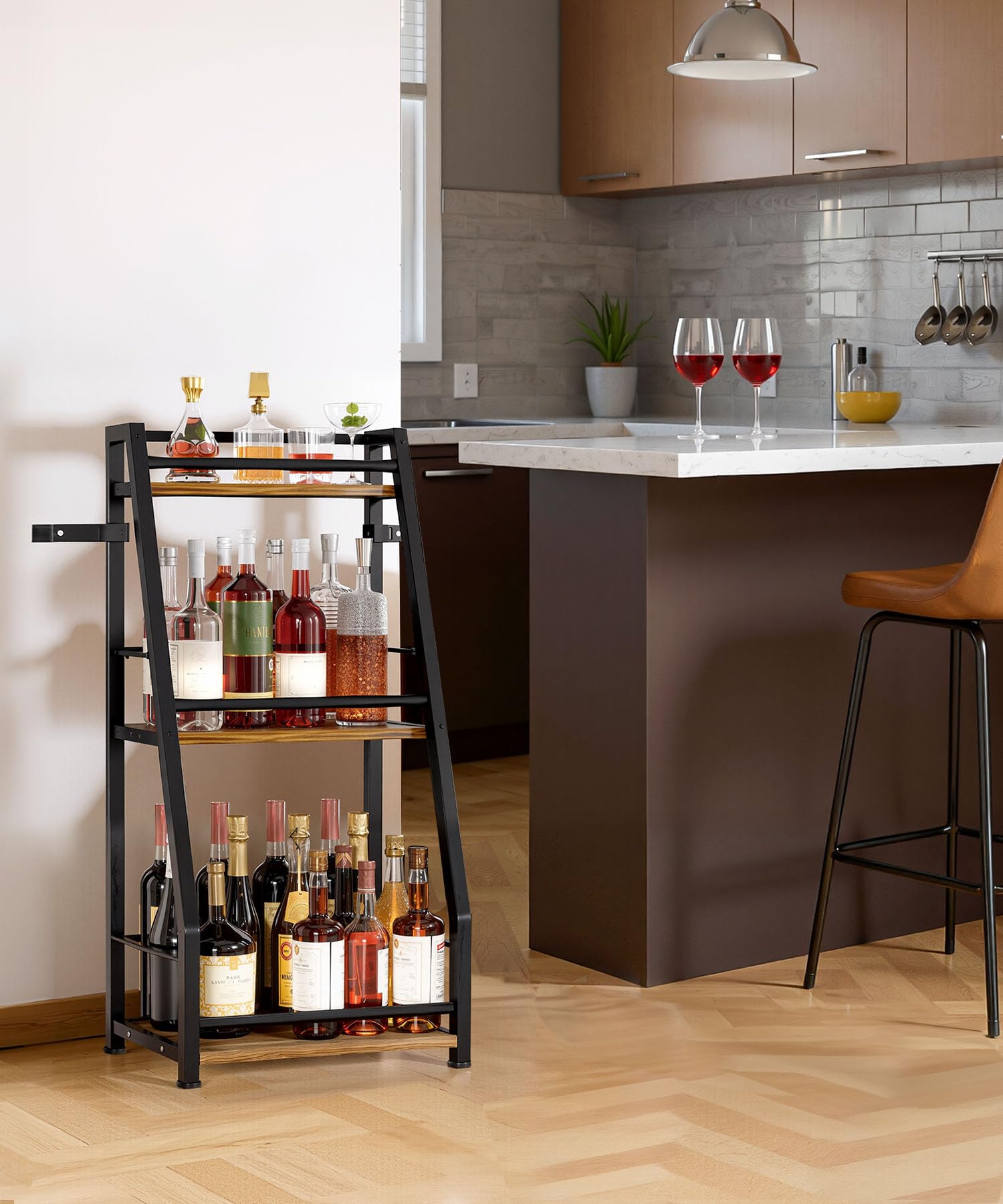 Yorbay Botellero de Suelo de 3 Niveles: Botellero Moderno de Metal y Madera para Vino y Copas - Portabotellas Trapezoidal con Barandilla para Bar Cocina y Comedor