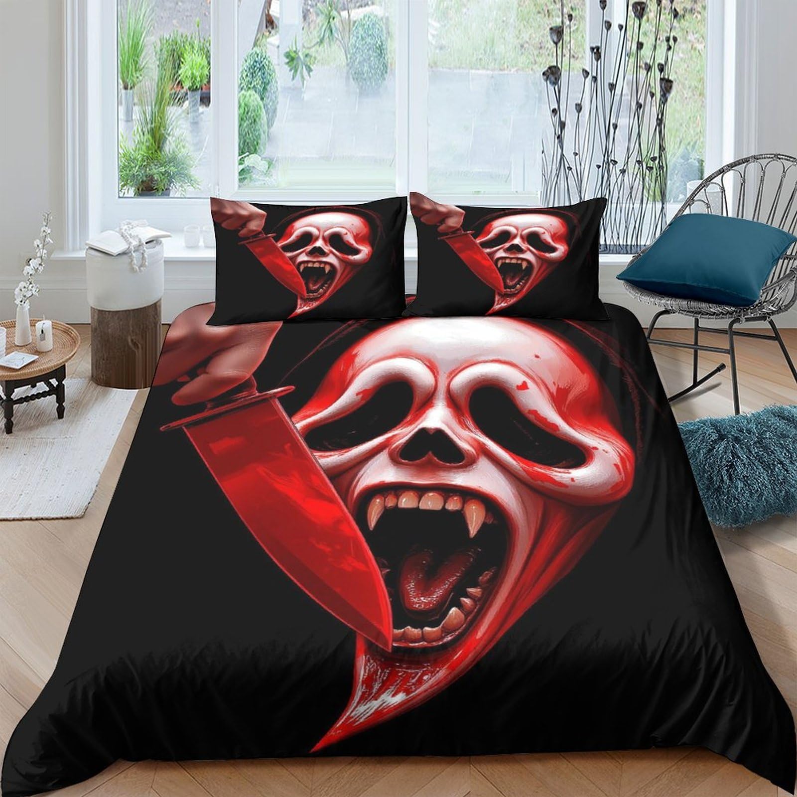 Ctjqhvkz Style-2 3D Printed Horror Ghost Face Fitted Sheet Microfiber Black Red Knife Bed Cover For Bedroom Dorm Decor Single（135X200cm）