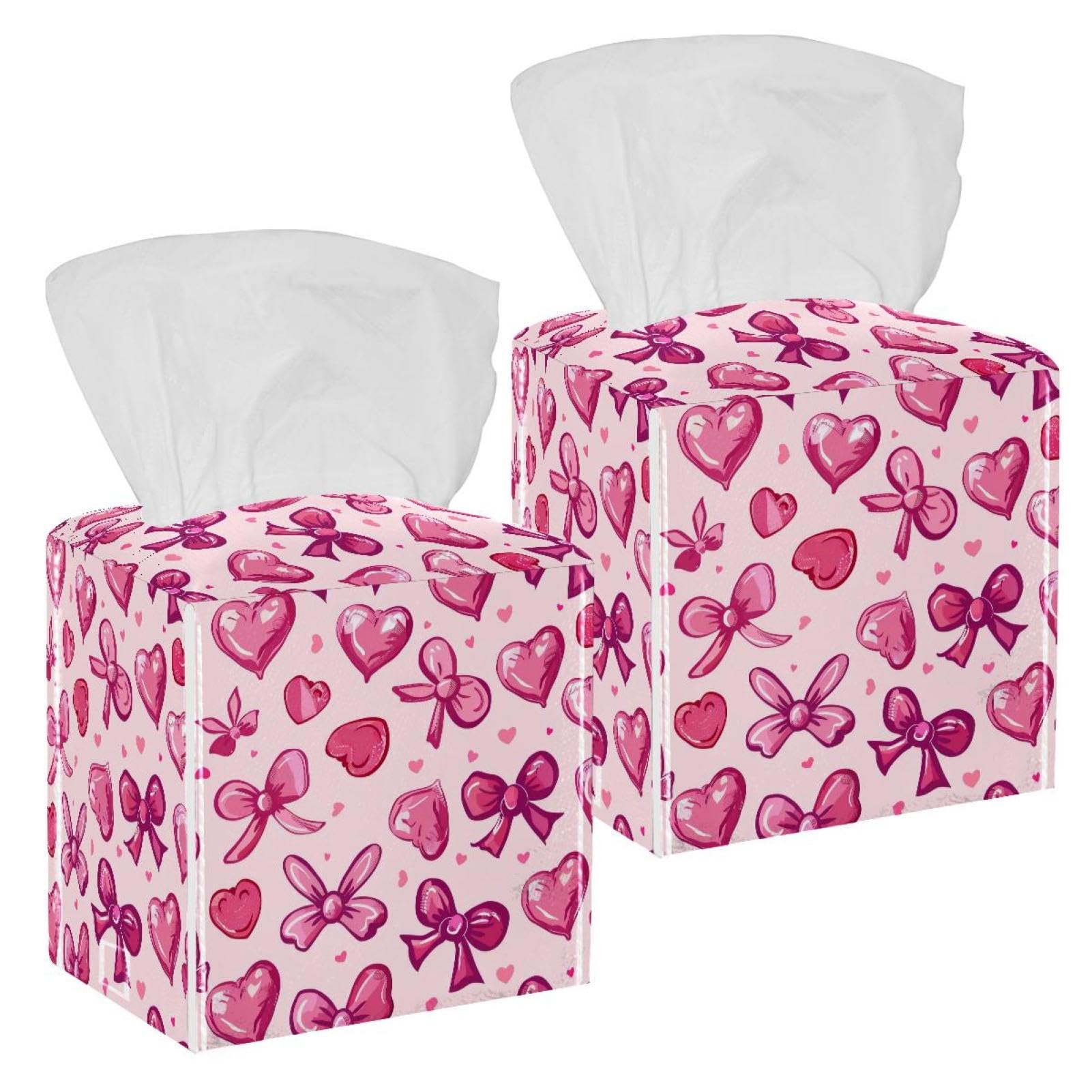 Pink Bow and Love Hearts Tissue Box Cover, 2 Pack PU Leather Square Facial Tissue Dispenser Box holder for Home Office Car