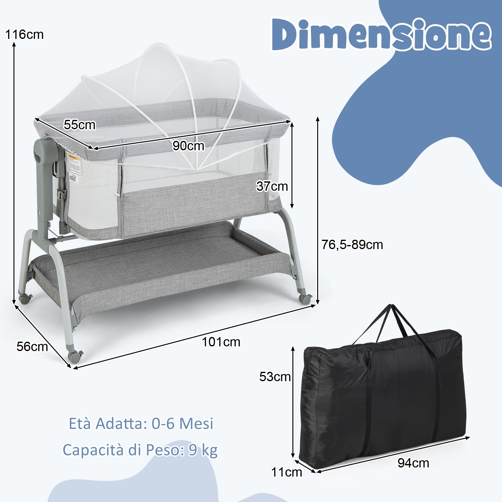 COSTWAY Culla Neonato Fianco 4 IN 1, Culla Co-sleeping con Spondina Apribile, Altezza Regolabile, Materasso Ruote Borsa da Viaggio Zanzariera Inclusi, 0-6 Mesi Fino a 9 kg (Grigio)