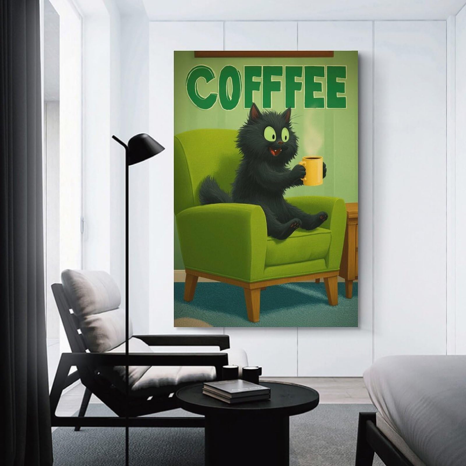 Junmoney Decorative Canvas Print Cartoon Cat Enjoying Coffee in Chair, 24x36inch(60x90cm), for Living Room, Bedroom Or Home Office, Home Decor Gift with Stylish Appeal