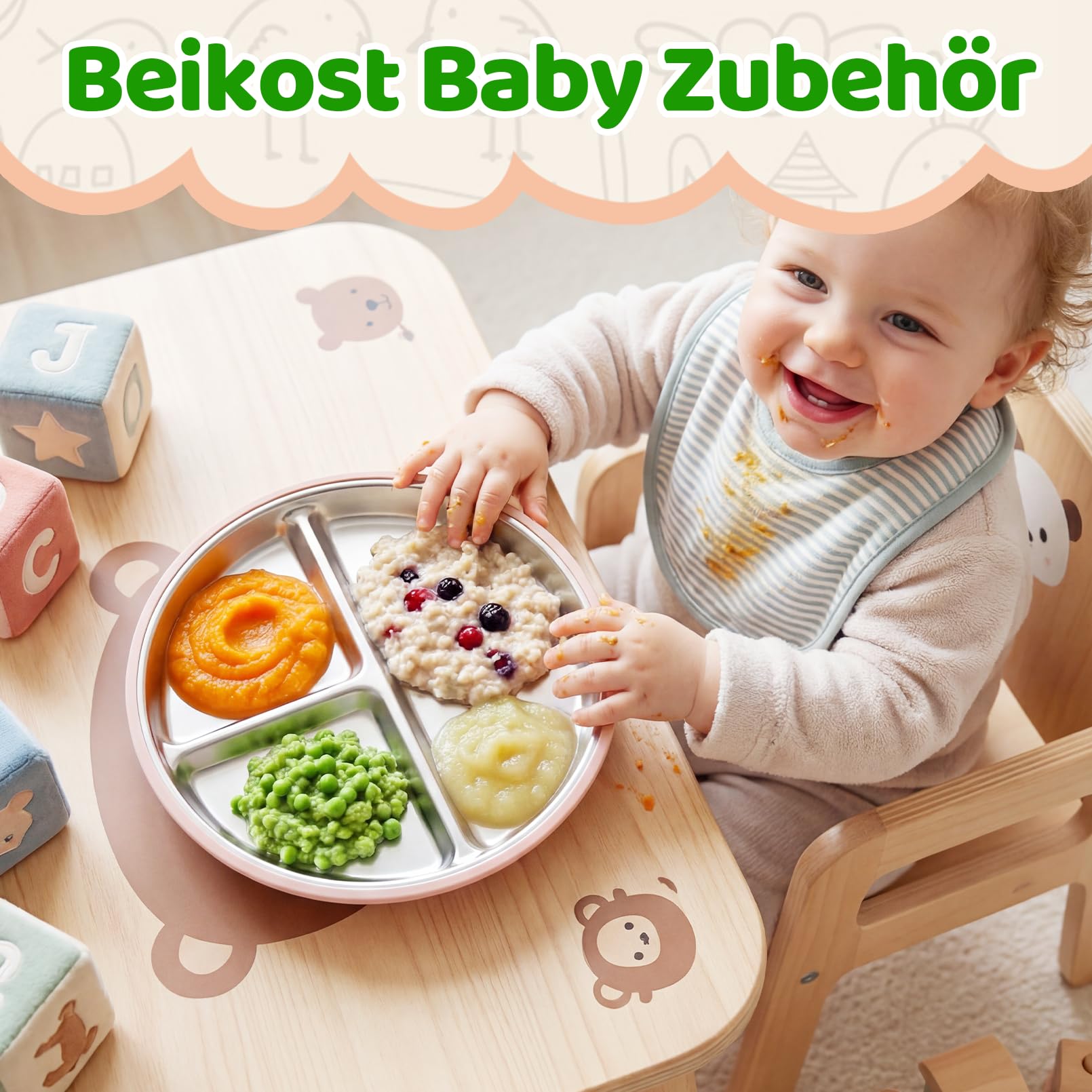 OXYEFEI Edelstahl Teller Baby,Kindergeschirr Set mit Tiermotiven Baby Teller mit Saugnapf Geburtstagsgeschenke für Babys, Taufgeschenke (Blau, Löwe)