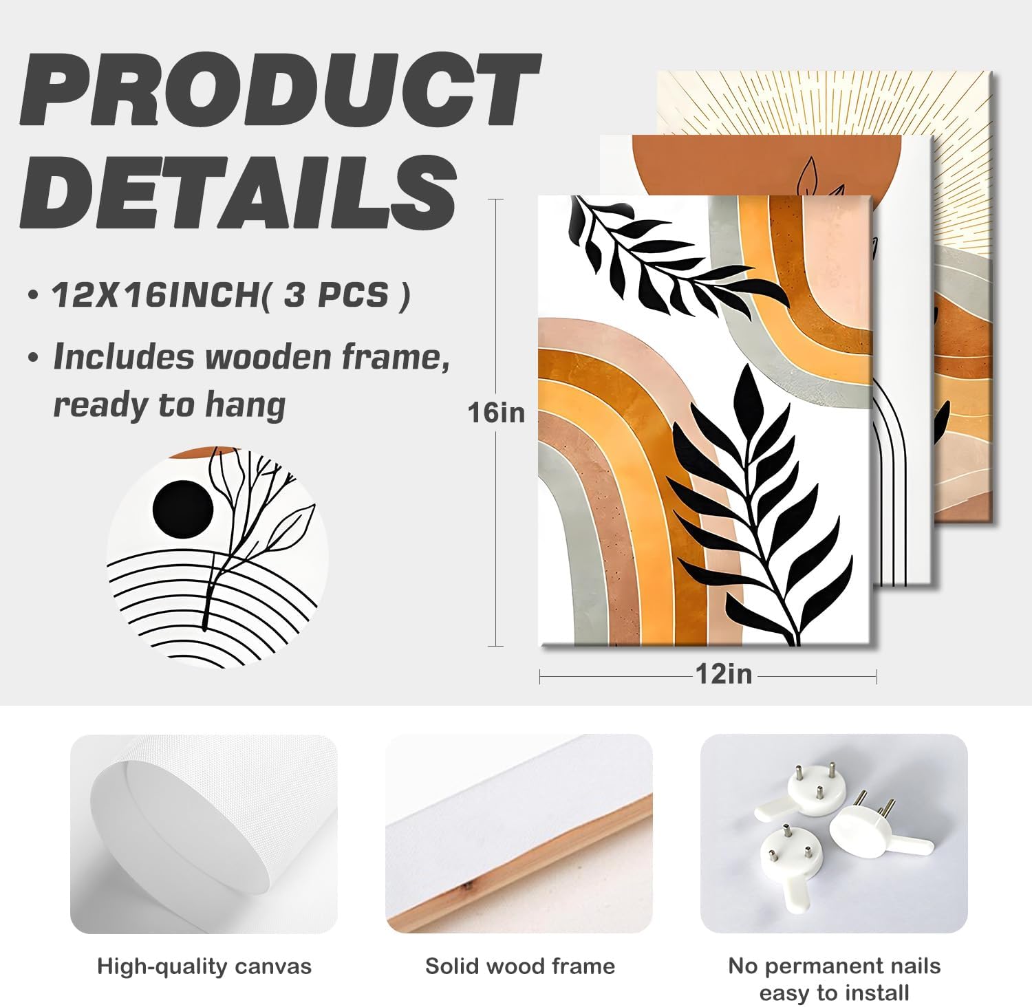 LYYGLYY 3Pcs Framed Bohemian Canvas Wall Art, Abstract Geometric Posters Artwork for Walls, Brown Desert Wall Art, Botanical Line Print Wall Decor for Living Rooms, Dining Rooms, Offices 12x16 Inches