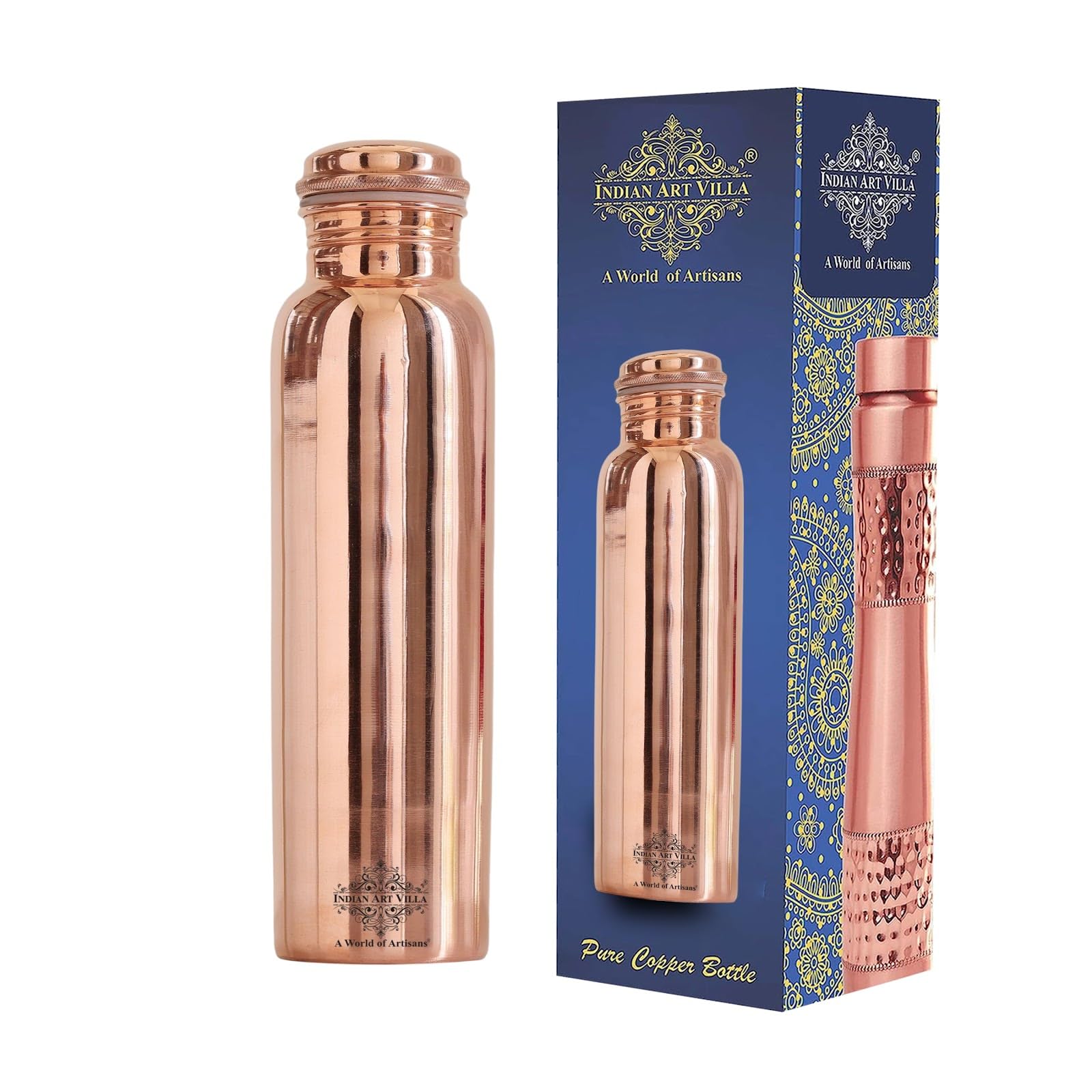 Indian Art Villa Copper Leak Proof Joint Free Bottle | 34 OZ | for Travel, Storage and Drinking Purpose (Set of 2)…