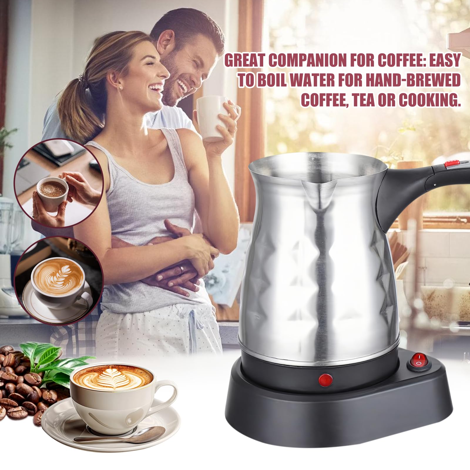 Elektrische Türkische Kaffeemaschine, 500ML Edelstahl Turkischer Kaffeekocher mit Faltbar Handgriff, Türkischer Mokkakocher, für Familie, Büro - 600W - Silber