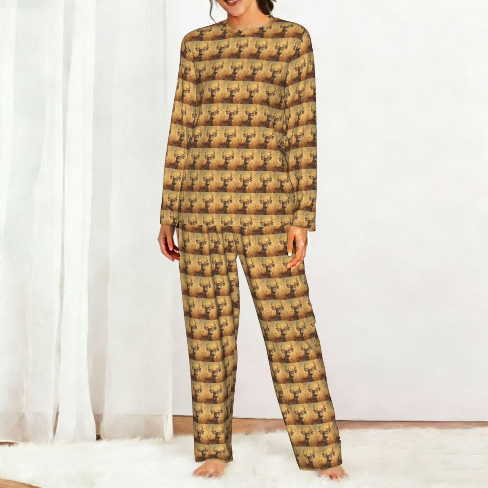 Wild Deer Stampa Donne Manica Lunga Pigiama Abbinamento Quotidiano Confortevole Loungewear Abiti Da Notte