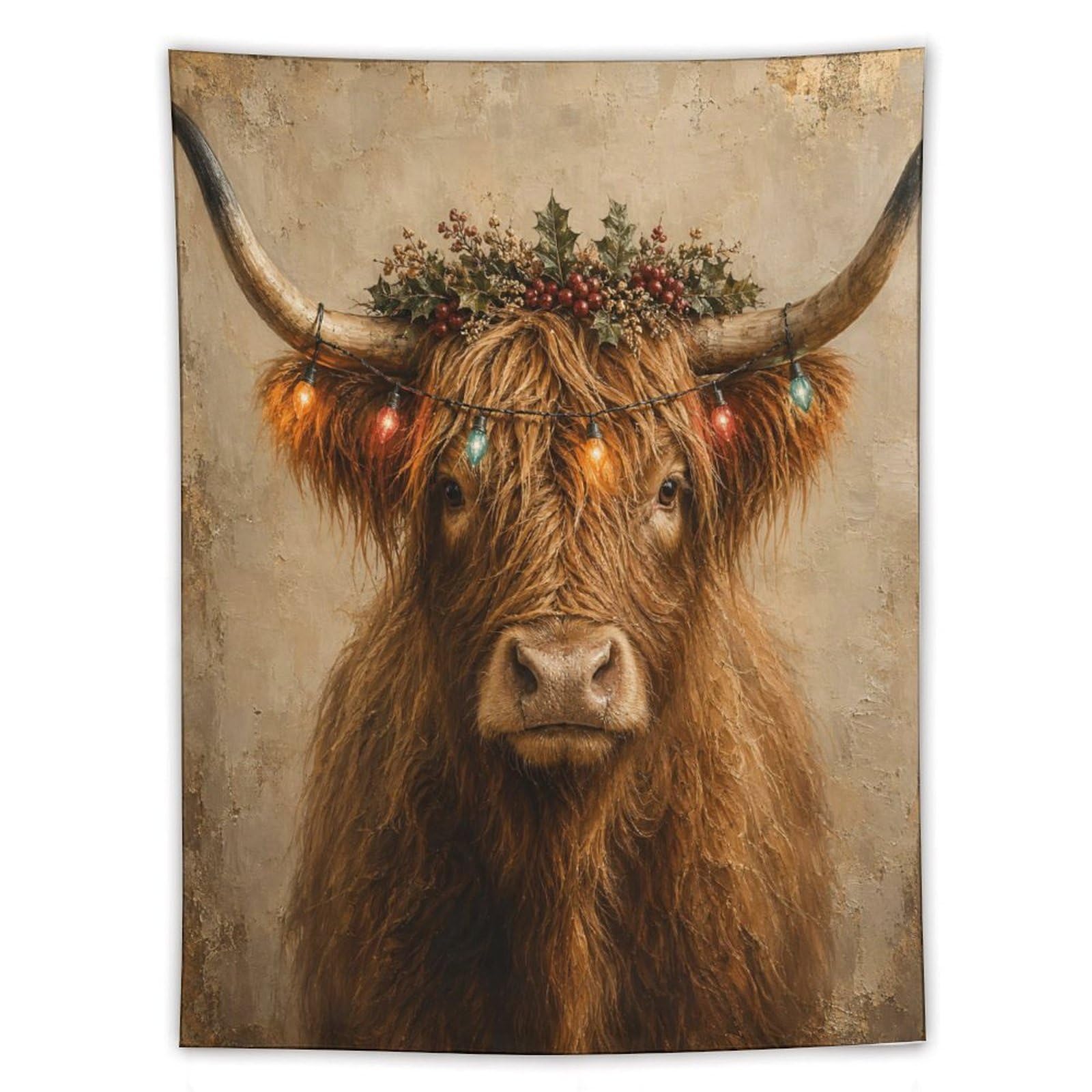 W7C8U2X3 Highland Cow Floral Portrait Wall Tapestry, Ceiling Hanging