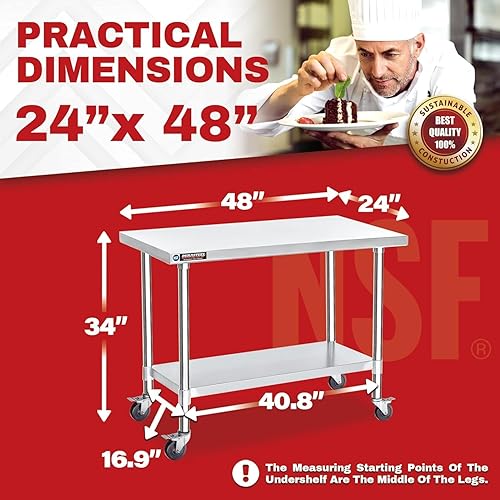 Vista 155 de DuraSteel - Mesa de acero inoxidable de 24 x 36 pulgadas, para preparación de alimentos, carrito de metal, mesa de trabajo comercial con ruedas