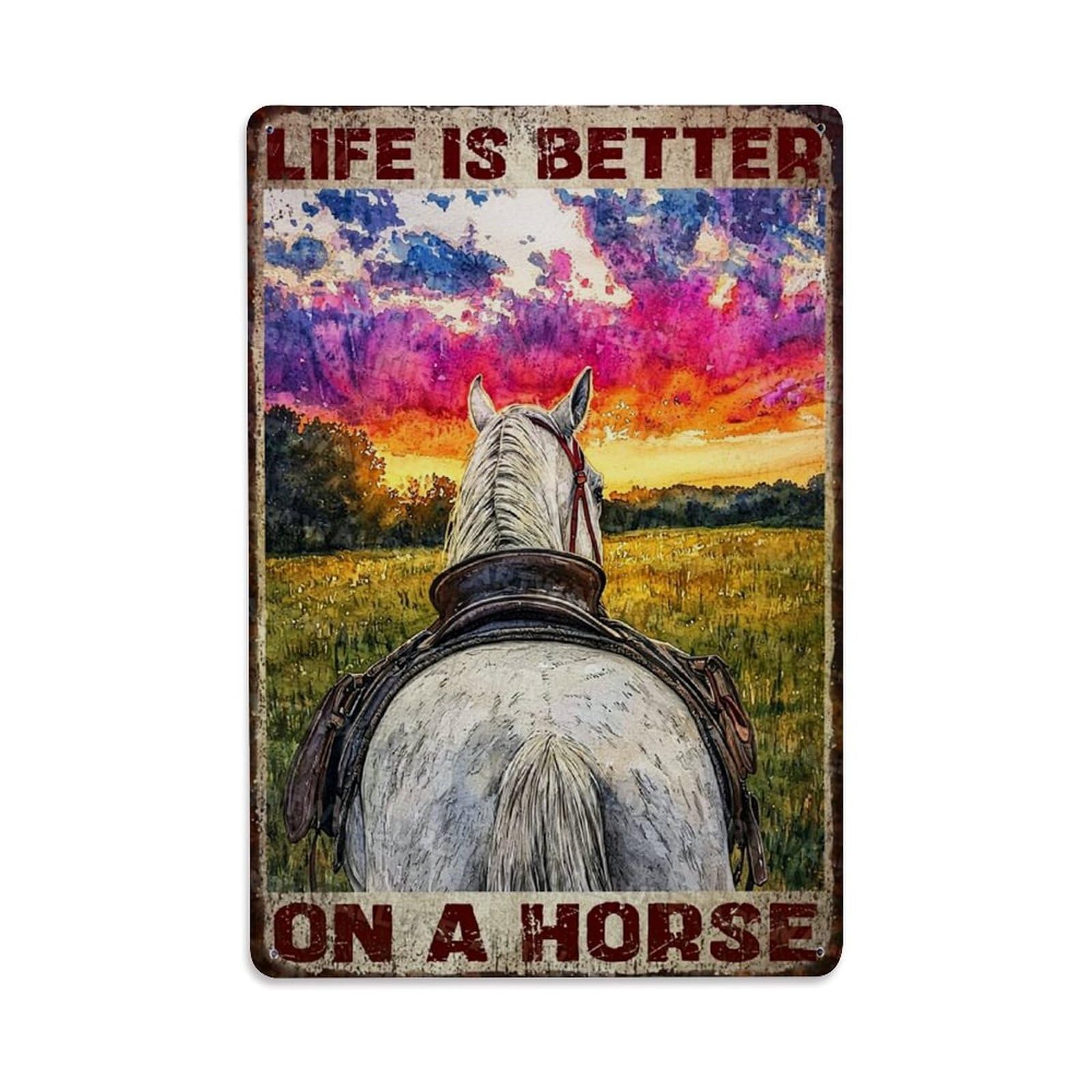 Jdfenggu Vintage Horse Back Sunset Field View Retro Metal Tin Sign, Metal Poster For Bar, Home, Man Cave, Kitchen, Laundry Room Art Decor 8X12 Inch