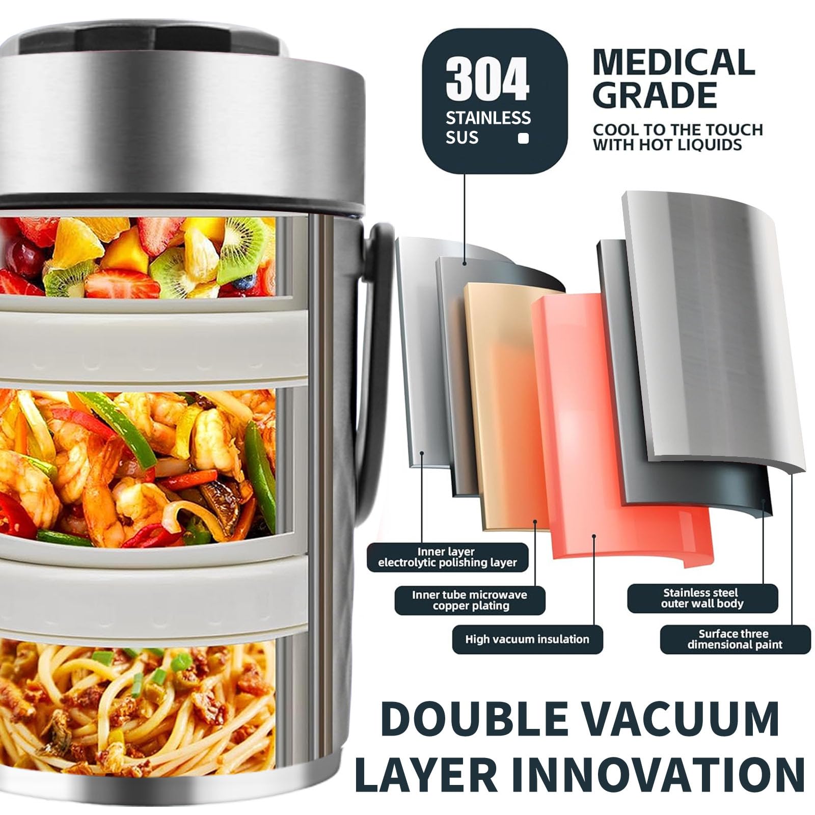Termo mejorado de 67 onzas para alimentos calientes, termo apilable de 3 capas, tarro de sopa con bolsa aislada, ideal para oficina, comidas al aire libre y varias ocasiones (67 onzas,