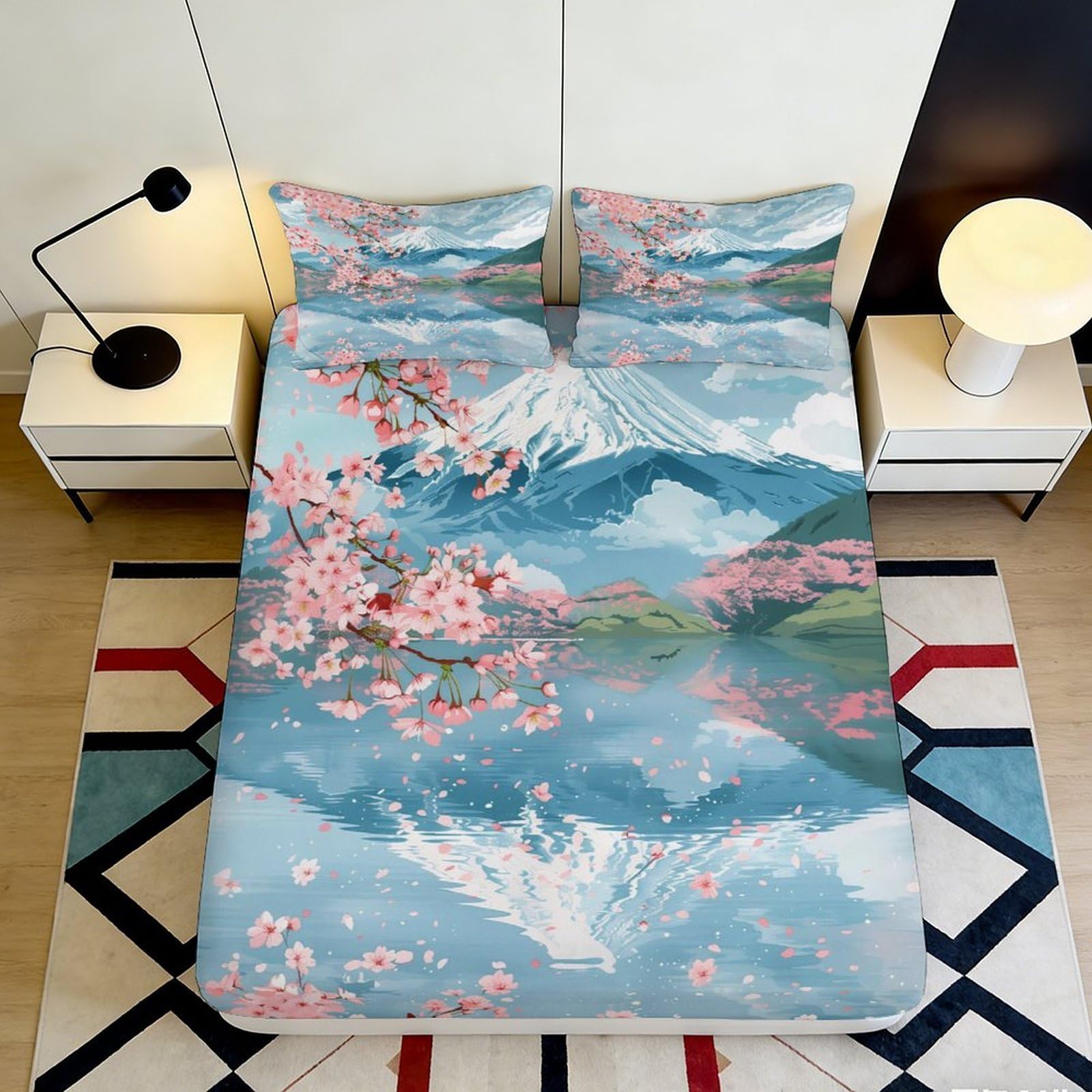 3D Printed Cherry Blossom Fitted Sheet Microfiber Soft Breathable Mountain Reflection Mattress Cover for Bedroom Dormitory Guest Room Protection Decor 180x200x25cm