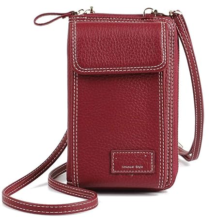 MOCA Women's Faux Leather Phone Holder Pocket Wallet Hand Purse Clutch Crossbody Sling Bag with Mobile Cell Phone Wallet (Wine Red)