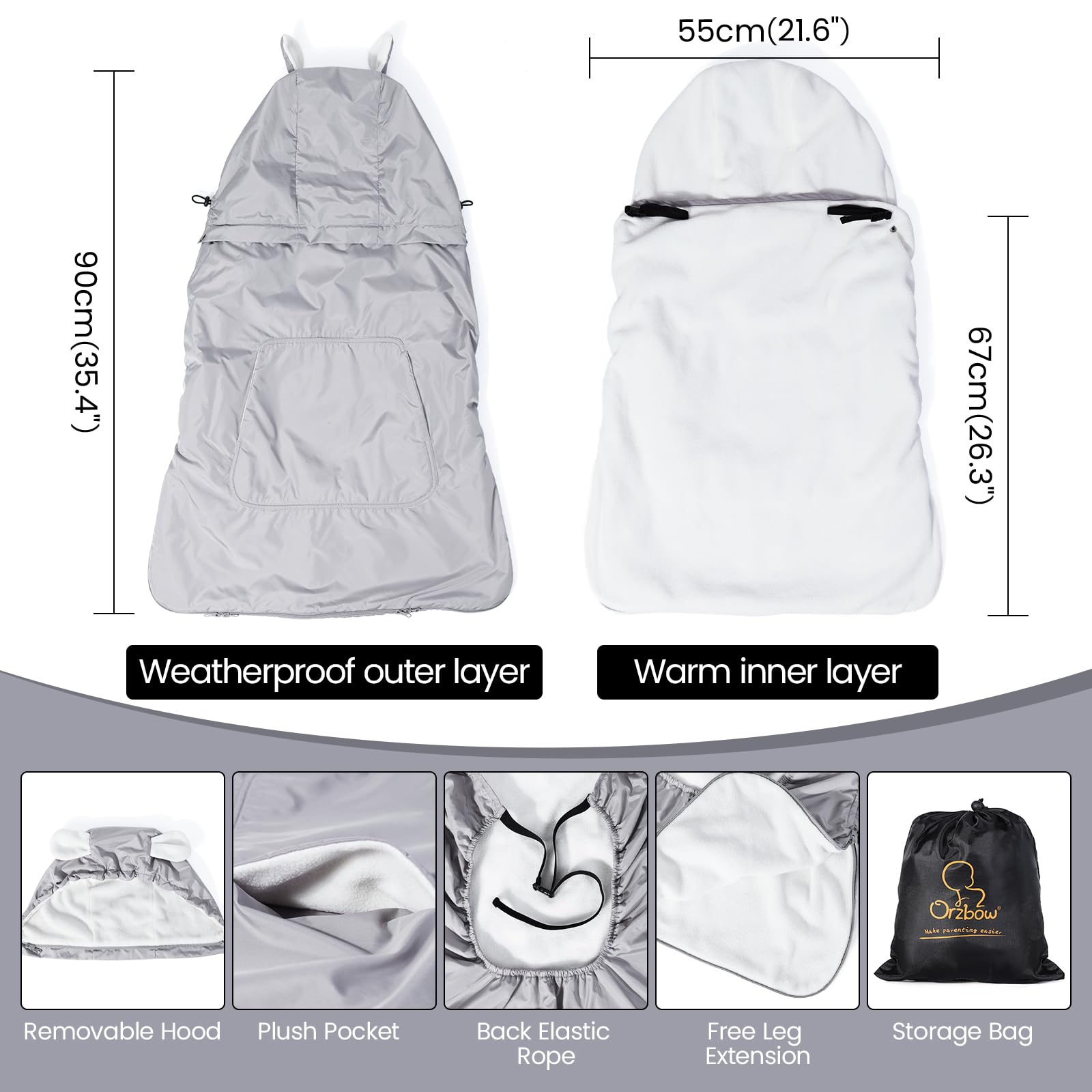 Orzbow Cover Marsupio Neonato, Impermeabile Cover Babywearing Invernale, Coperta Marsupio Neonato Universale, Parte Superiore Staccabile con Cordoncino, Cerniera Inferiore e Tasca, Orso Grigio Chiaro
