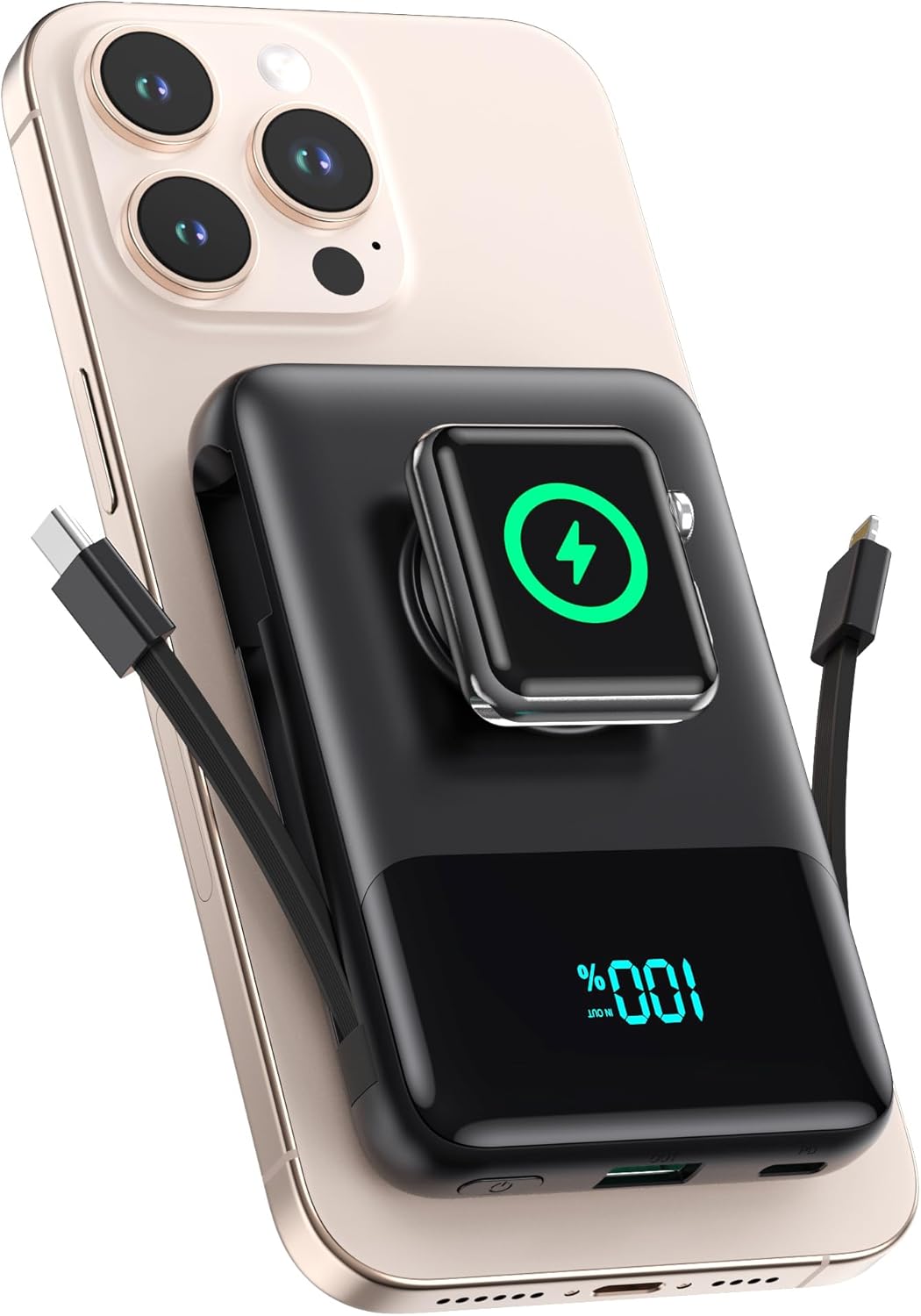 Magnetic Portable Charger for iPhone with Built-in Cable,10800mAh Wireless Power Bank for Magsafe Travel Essential,6-in-1 25W PD Fast Charging USB C Battery Pack for iPhone 17/16/15/14/13, Apple Watch