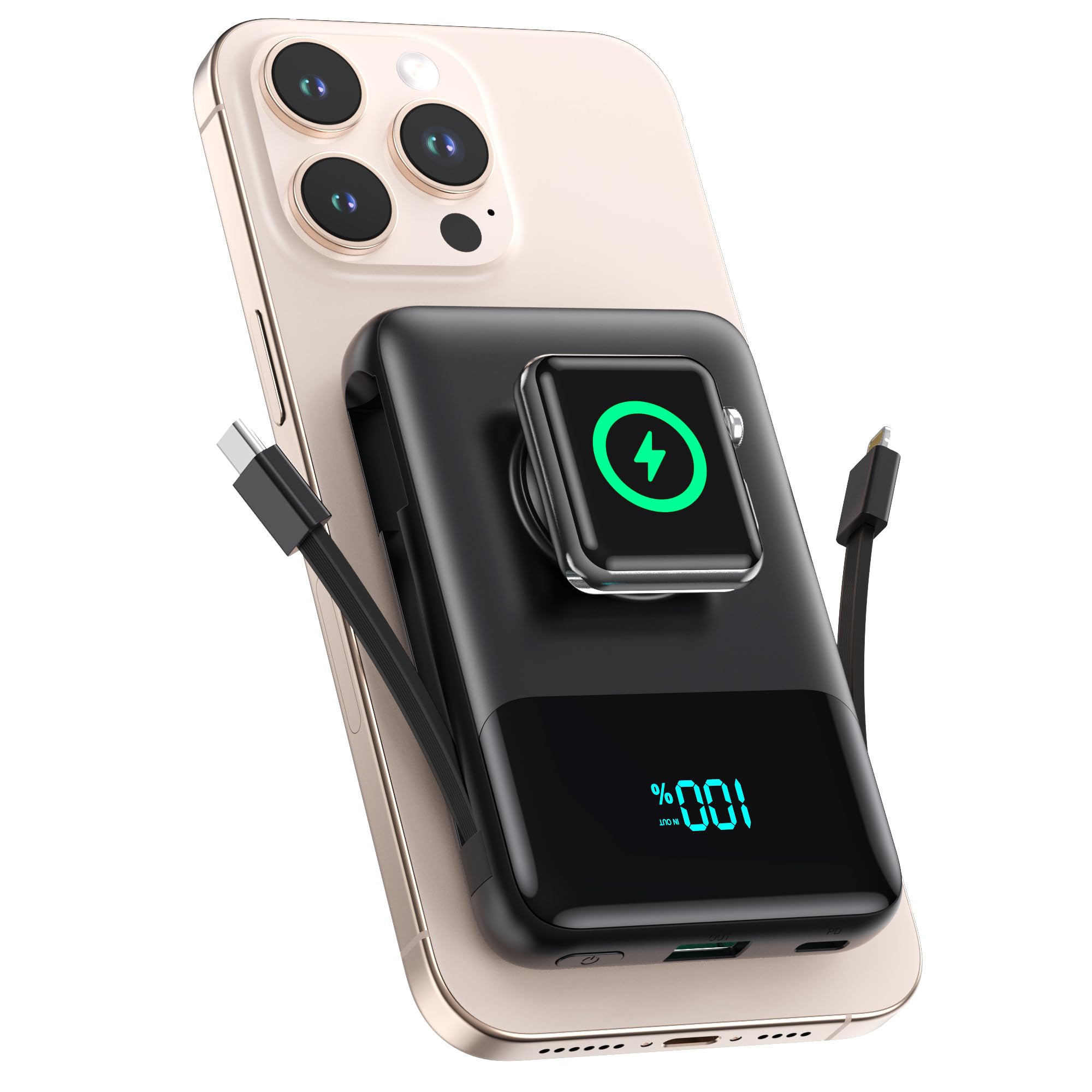 Magnetic Portable Charger for iPhone with Built-in Cable 10800mAh Wireless Power Bank for Magsafe Travel Essential 6-in-1 25W