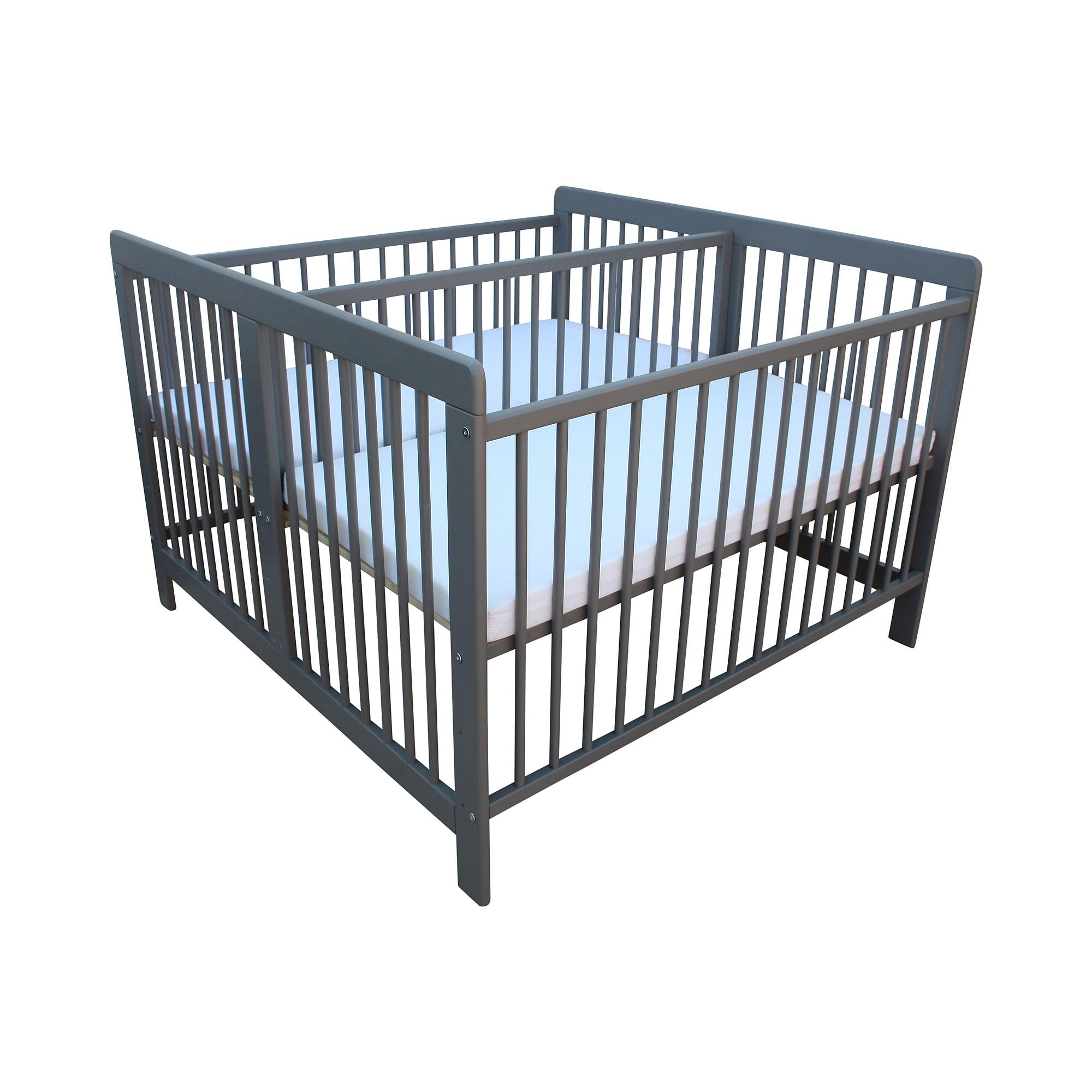 Kinderbett für Zwillinge Zwillingsbett Doppelbett 2in1 massiv grau mit 2 Matratzen 120x120cm und Trenngitter
