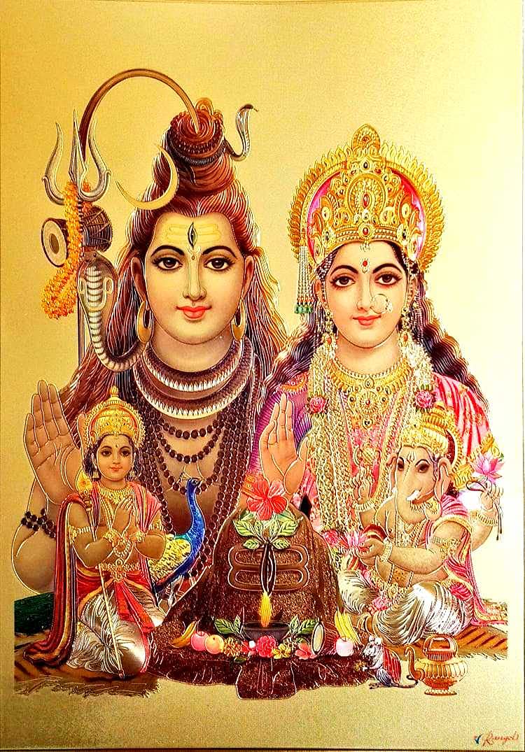 Suninow God Shiva Parvati Kartika Ganesha Family Framed Gold Plated Poster (33 x 24 cm) 1