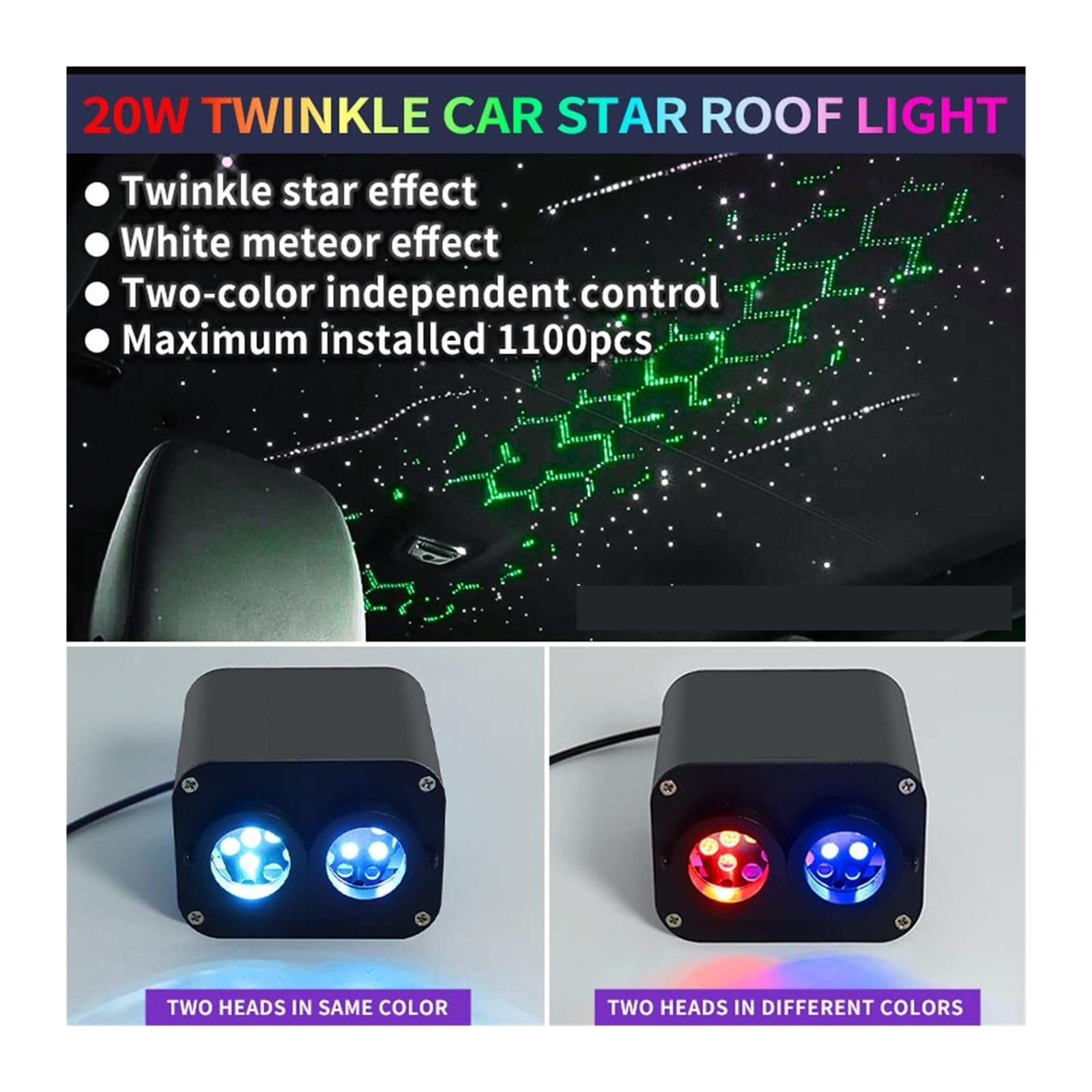 20W Meteor Twinkle Starry Sky Car Star Lámpara De Techo Techo Led Fibra Óptica Luz Detección De Música Luz Ambiental Control De Doble Color