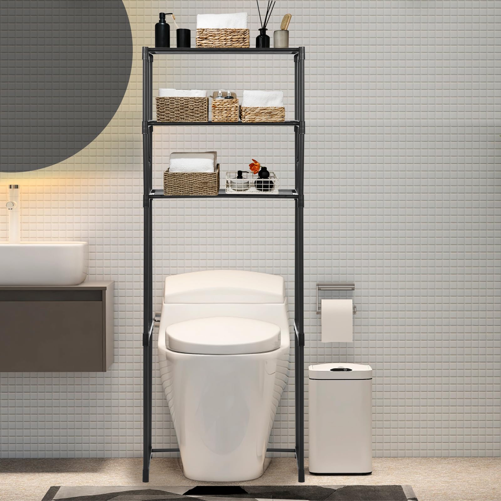 3 Tiers Over Toilet Storage Unit, Multifunctional Over Toilet Shelf Organizer, Large Capacity Bathroom Storage Shelf Easy Assembly Laundry Shelf Unit Organizer Rack for Bathroom Restroom(Black)