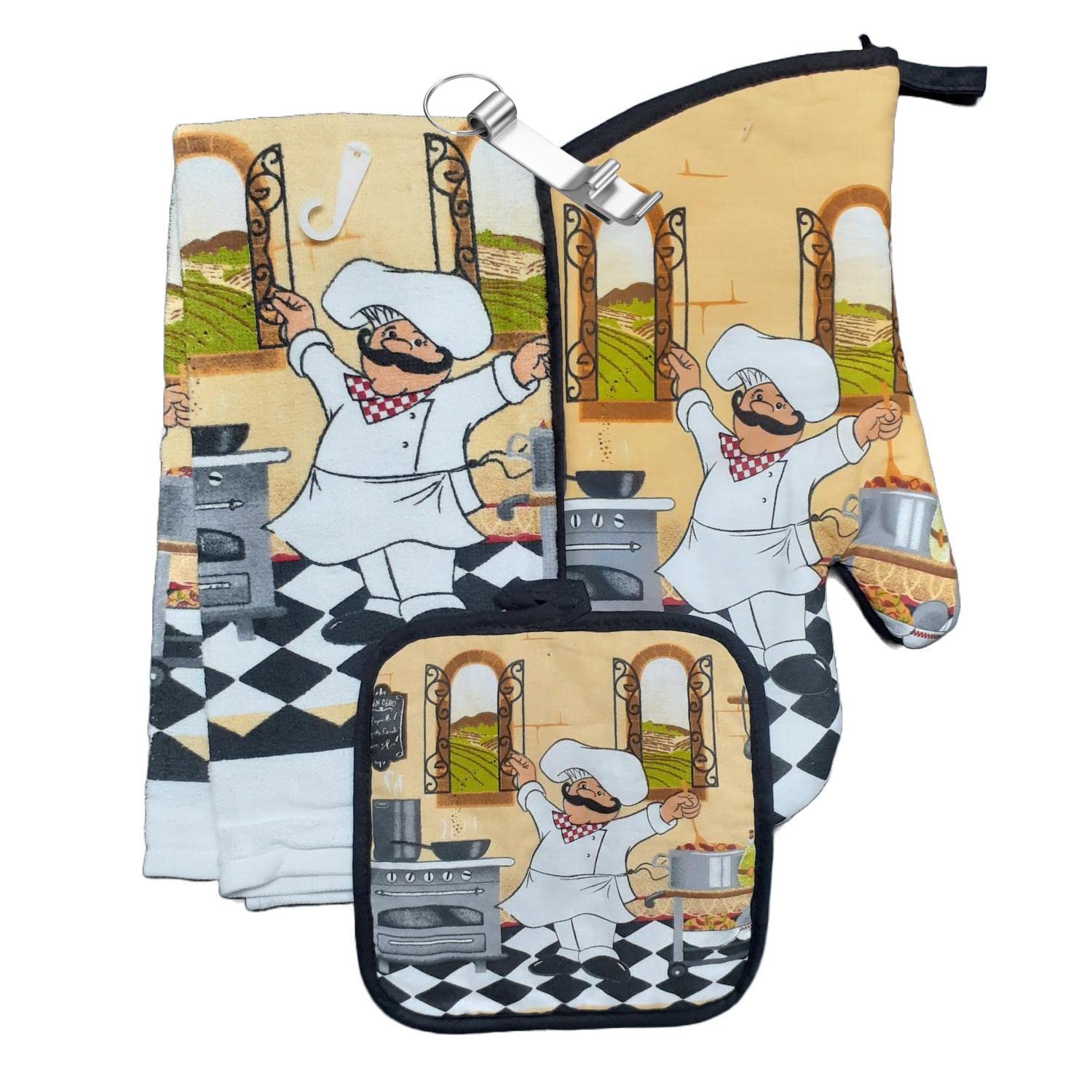 3pcs Chef Coffee Wine Theme Kitchen Linen Set Decorative Lightweight 1 Oven Mitt 1 Pot Holder 1 Dish Towel + Bonus Bottle Can Opener (Happy Chef Cooking)