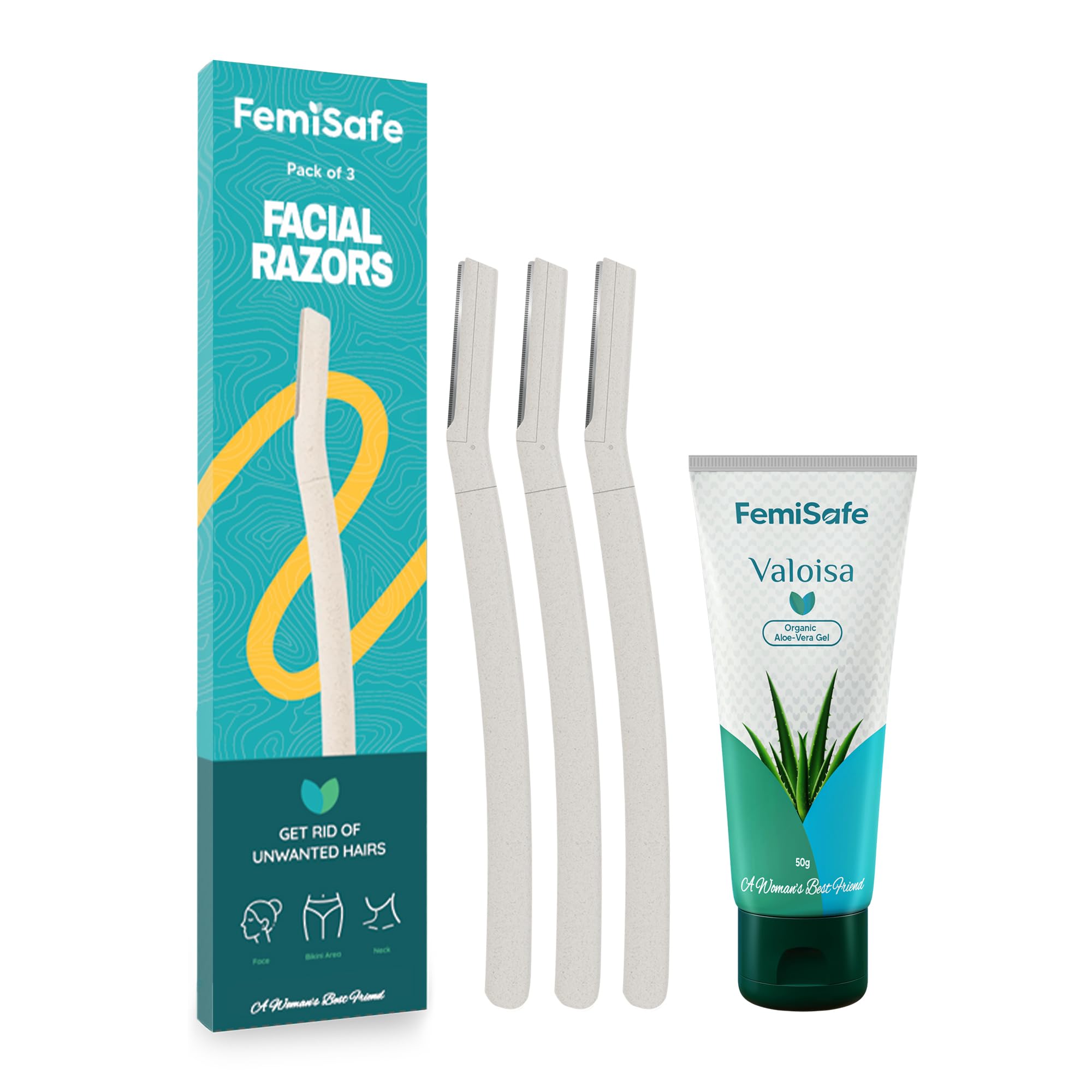 FemiSafe Women's Facial Razor & Valoisa Aloevera GEL | Easy, Safe & Painless Hair Removal | For Facial Hair & Bikini Area | Soothes Body & Moisturizes Skin After Shave (PACK OF 3 RAZORS+ALOE GEL)