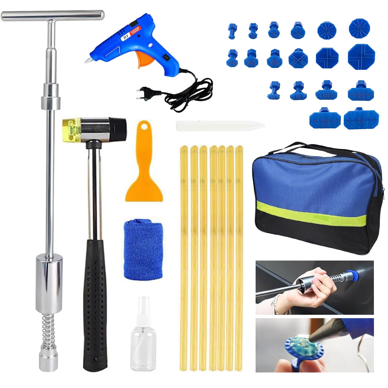 JAOGAUS Tirabolli per Carrozzeria, Levabolli Carrozzeria con Pistola per Colla, Kit Levabolli Auto Professionali con T-Ventose per Carrozzeria Auto, Ripara Ammaccature Auto per Auto/Moto