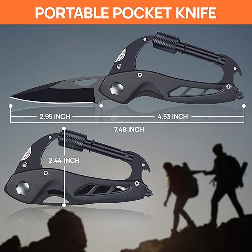 Miniatura 8 de Mosquetón multiherramienta con cuchillo de bolsillo, regalo para hombres, él, papá, marido, multiherramienta 6 en 1 con mosquetón EDC, abridor de