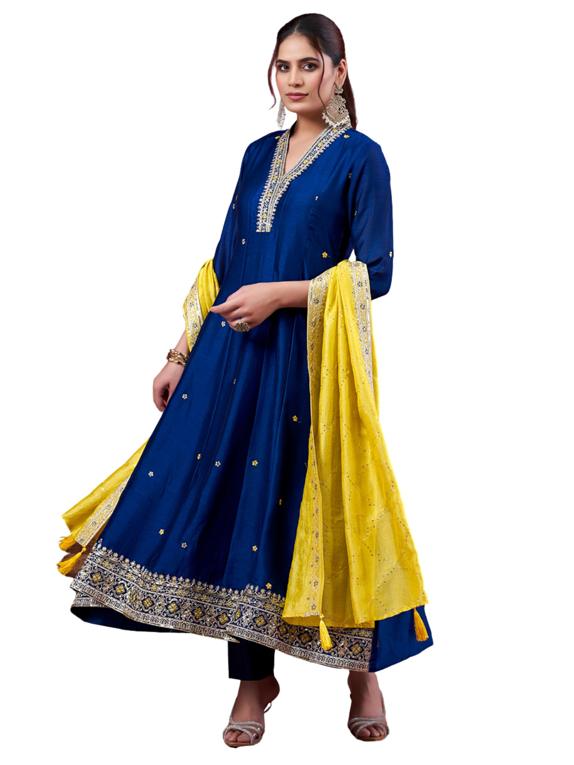 MOKOSH Women’s Silk Embroidery Anarkali Kurta Pant with Dupatta | Anarkali Kurta Set |Embroidered |V Neck Full Sleeve Ethnic Suit |3 Piece Outfit